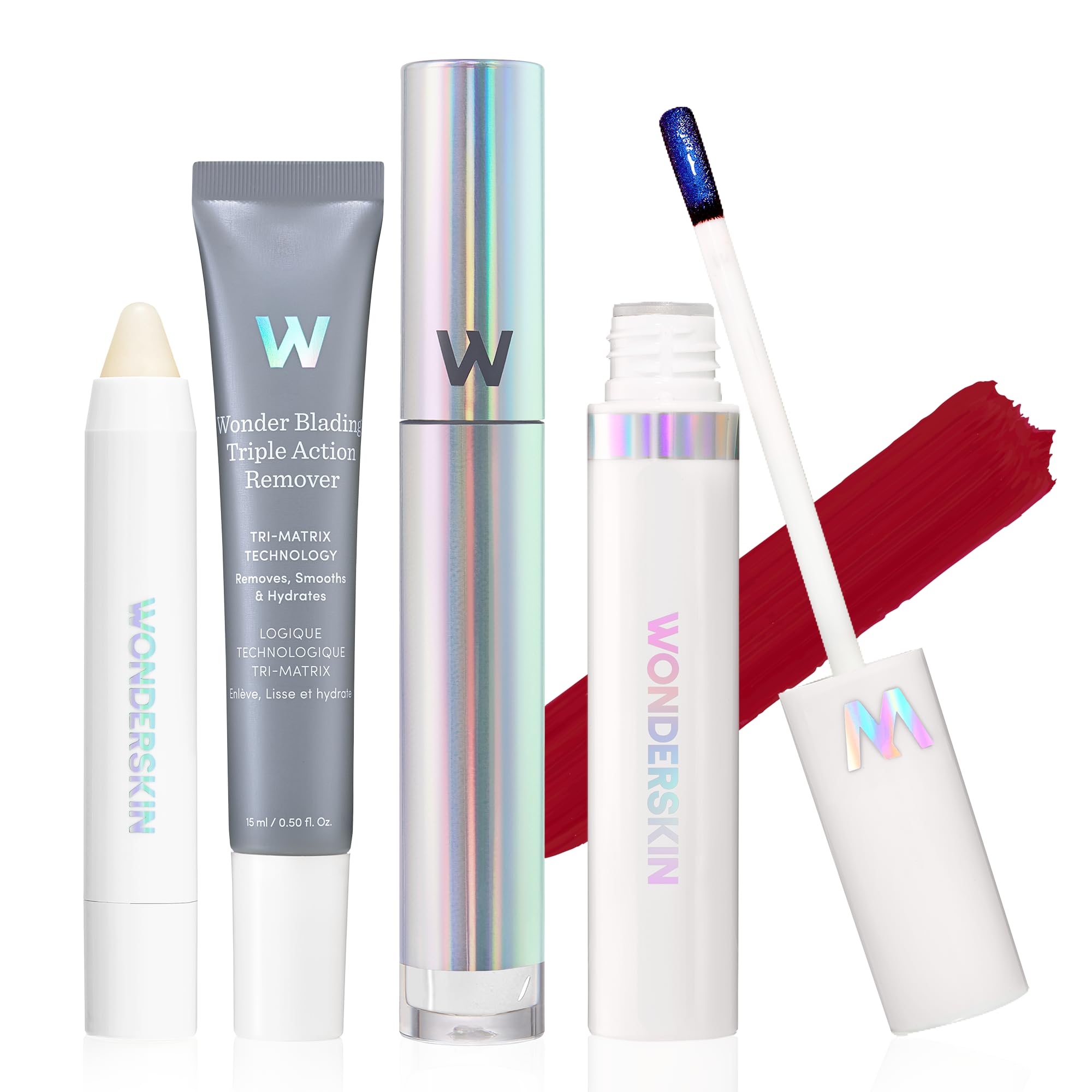 Wonderskin Wonder Blading Lip Stain Super Set - Long Lasting Red Tint With Clear Top Gloss, Lip Exfoliator Scrub & Makeup Remover (Divine)