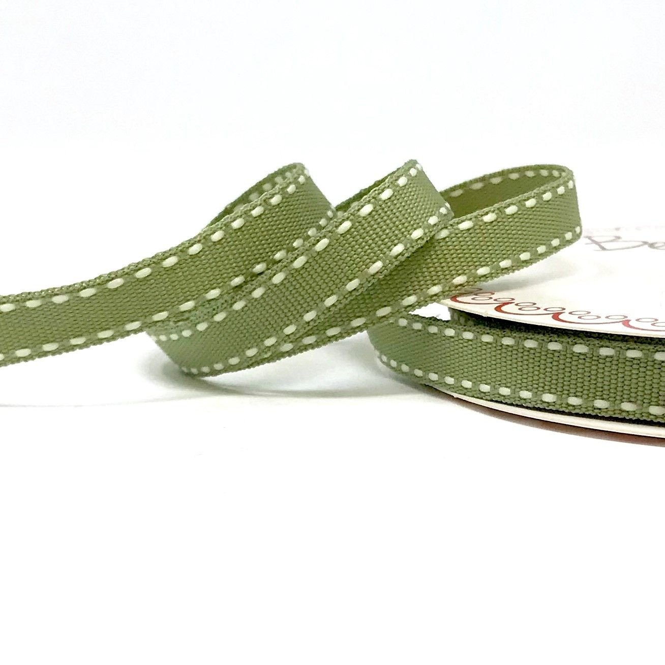 Bertie's Bows Sage Green with Ivory Saddle Stitch 9mm Grosgrain Ribbon on a 3m Length (N.B. This is Cut from a roll)