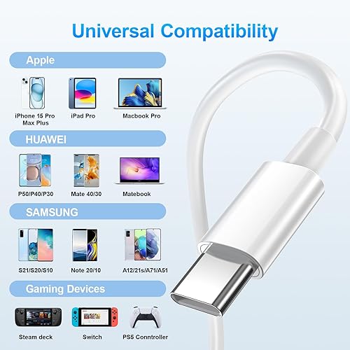 Miniatura 10 de Cable USB C a USB C de 10 pies, paquete de 3 cables de carga USB C de 60 W, cable de carga rápida, cable USB-C para iPhone 15 Pro Max Plus MacBook