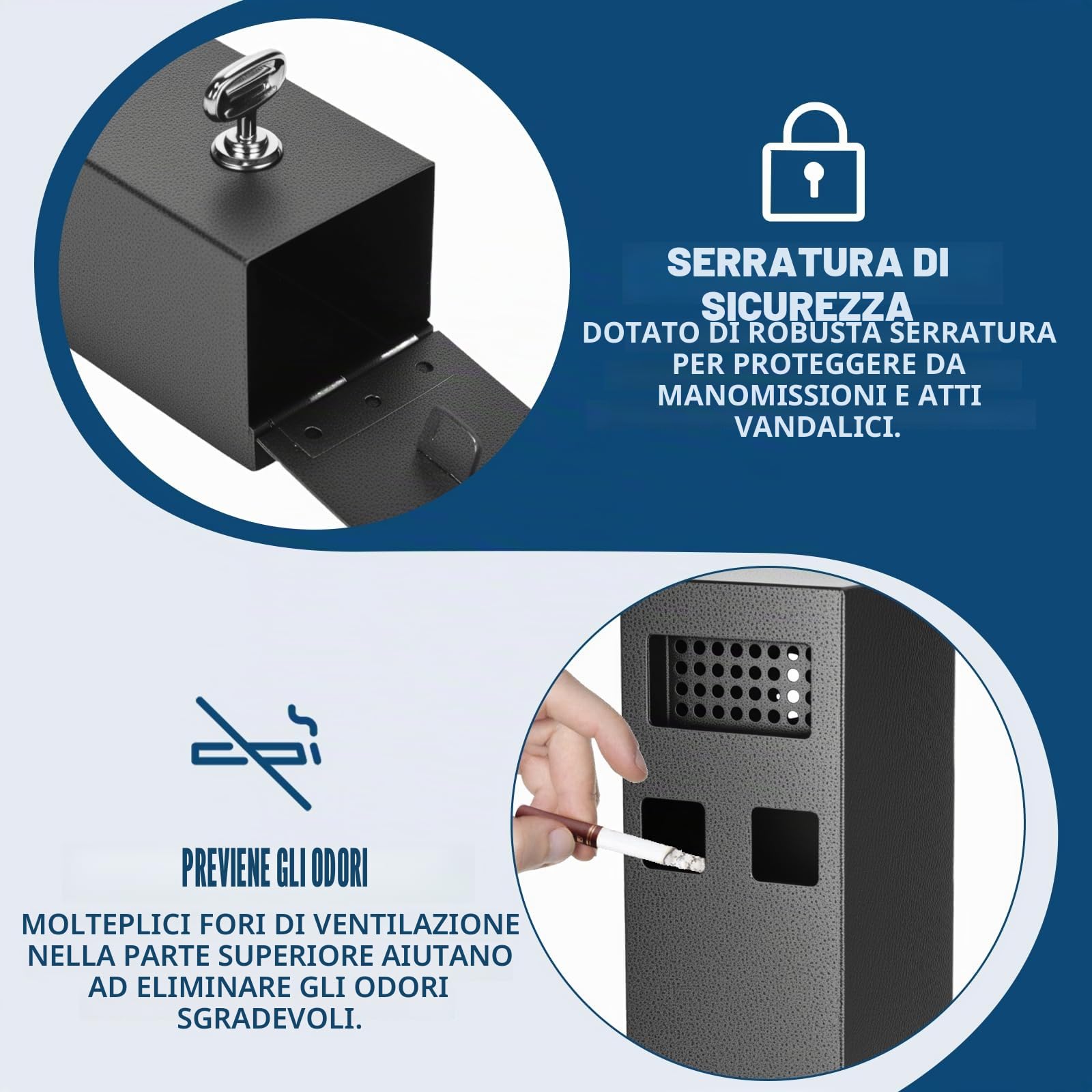 29 x 7 x 7 cm - Posacenere da parete per esterni - Con materiale di montaggio - Chiave - Resistente agli agenti atmosferici - Per giardino, ufficio, hotel, ristorante, strada - Nero