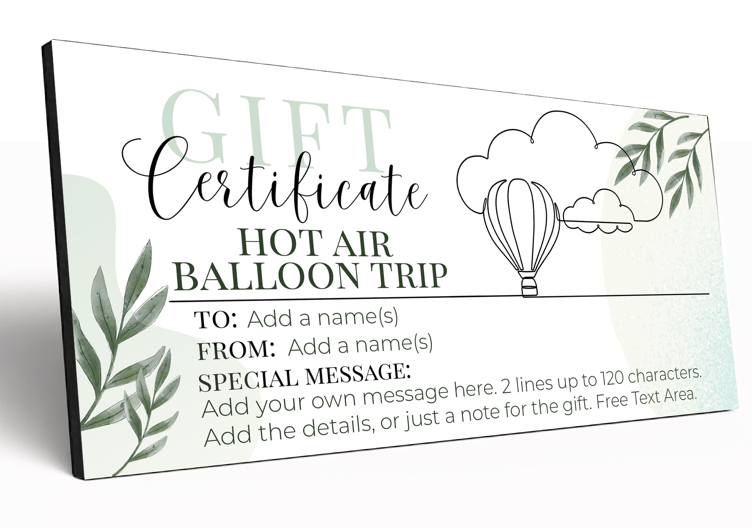 The Plum Penguin Customisable Gift Certificate 6mm MDF Personalised Gift Voucher Experience Event Gift Elegant Botanical Design (Hot Air Balloon Trip)