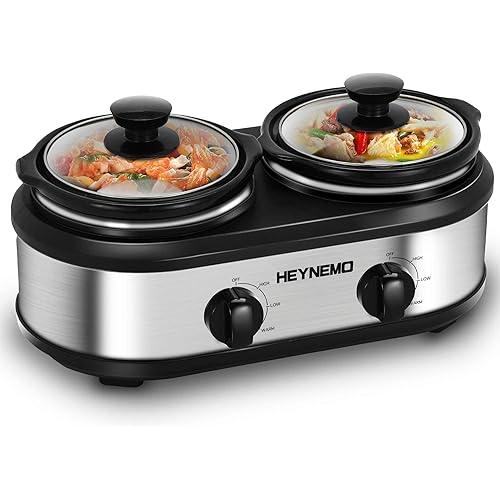 Double Slow Cooker, Buffet Servers and Warmers, Dual 2 Pot Slow Cooker Food Warmer, Adjustable Temp Dishwasher Safe Removable Ceramic Pot Glass Lid, 2 x 1.25 QT Portable Small Crock Cooker