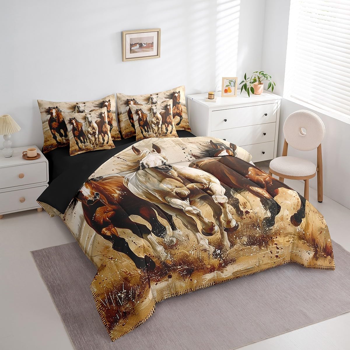 Erosebridal Horse 7 Piece Comforter Queen Size for Kids Boys Western Cowboy Horse Sheet Set Bed in A Bag 3D Printed Wildlife Wild West Country Rustic Cabin Desert Bed Set