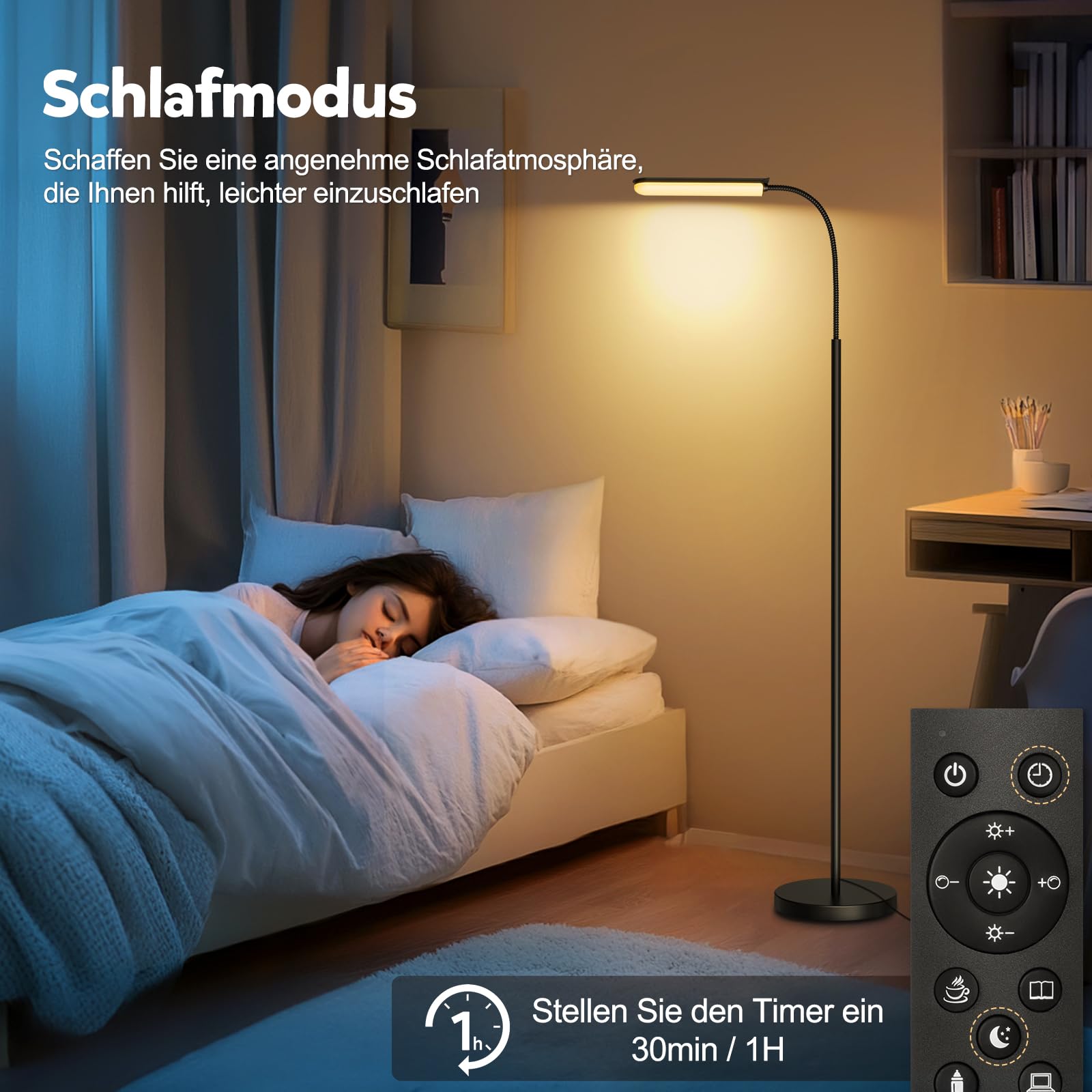 LED Stehlampe Dimmbar 18W 1650LM Schwarz,Standleuchte Wohnzimmer mit 360° Schwanenhals & Unendlich Dimmer (3000K-6500K),Leselampe Fernbedienung (Retro)