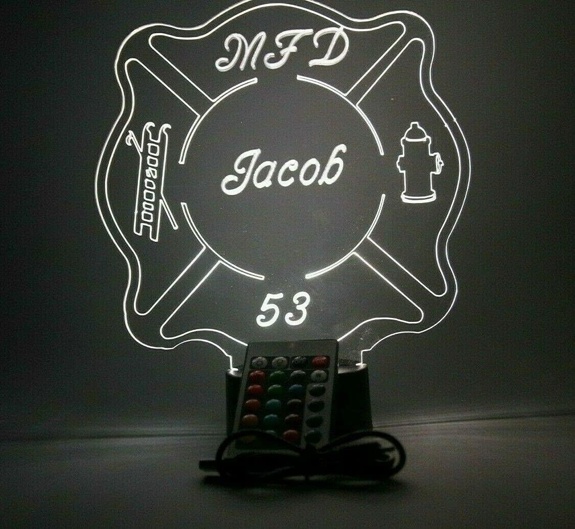 MIRROR MANIA Fire Badge Light Up Lamp Light Lamp LED, Personalized Name Firefighter Engraved Table Lamp - It's Wow, Comes with Remote, 16 Color Options, Dimmer, Free Engraving, Great Gift
