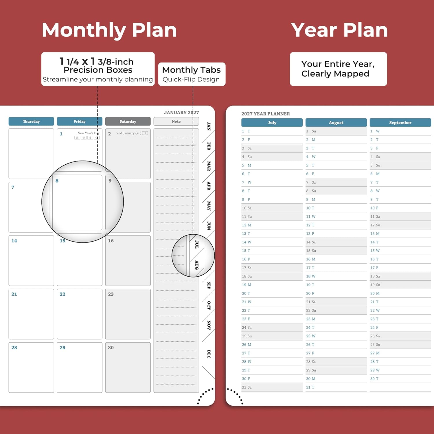 Planner 2026-2027 Daily Weekly and Monthly,8.5"x6.5",18 Months Spiral Bound Calendar Agenda with Self-adhesive Pen Holder,2026 Academic Plan with Vegan Leather Soft Cover,Red
