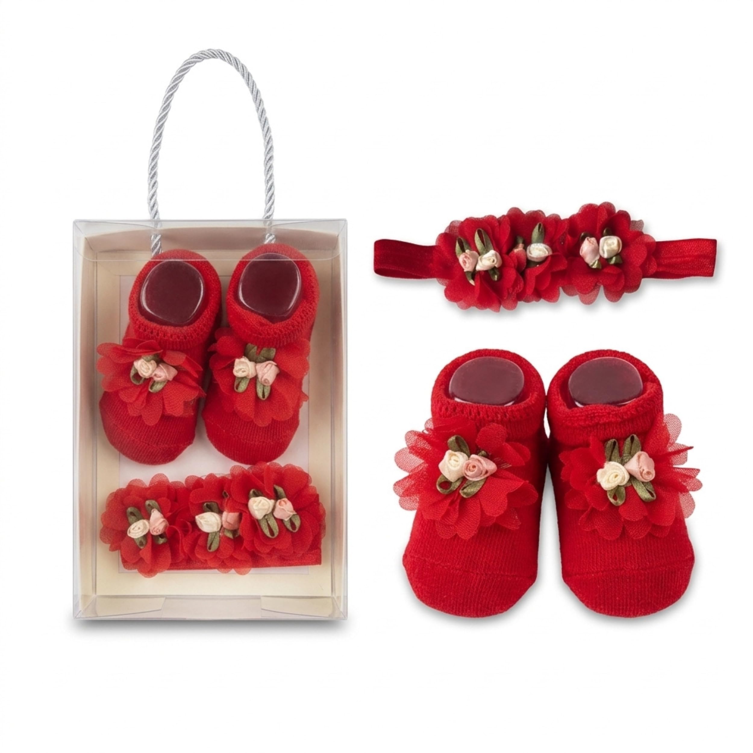 Baby Girls Gift Set with Floral Socks, Headband & Booties | Newborn Infant Welcome Gift Box | Soft Cotton Baby Shower Gifts Set for 0-12 Months | White Flower Design-image-17