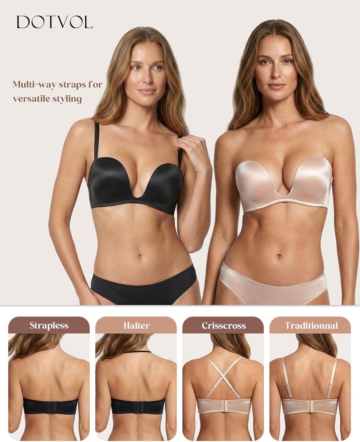 DotVol Women's Multiway Deep U Plunge Padded Push Up Convertible Bra