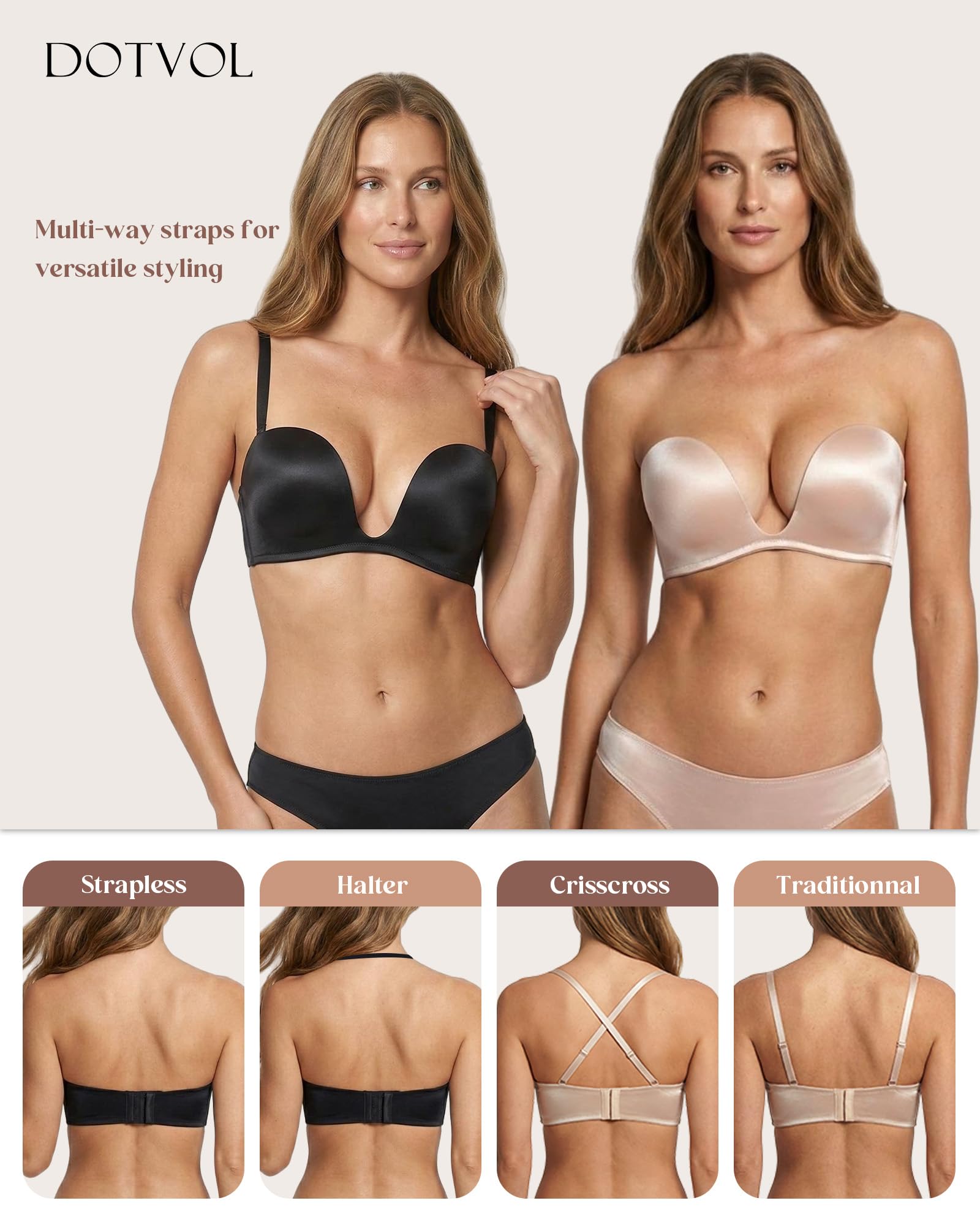 DotVol Soutien-Gorge pour Femme sans Bretelles Push Up u sans Bretelles rembourré sans Dos