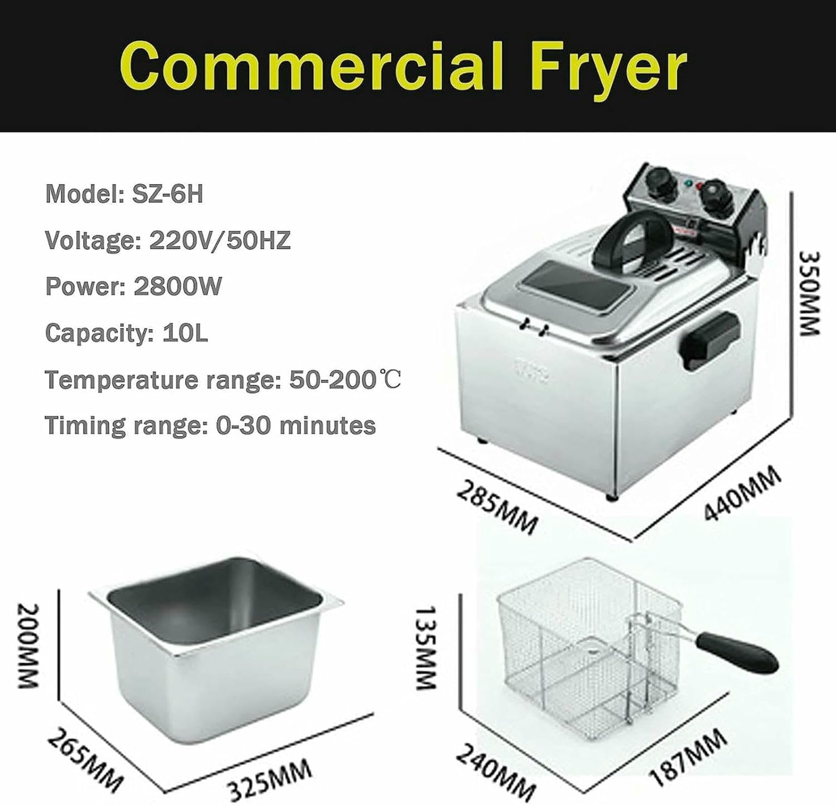Cesta para freidora de Grasa Comercial, freidora eléctrica de Patatas Fritas Profundas, Grande, con Tanque, bandejas para Patatas Fritas comerciales de Acero Inoxidable con Cesta y Tapa