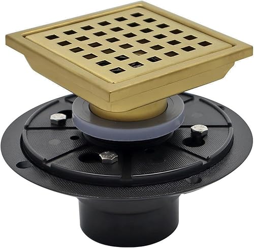 YANCASENO Drenaje cuadrado de 4 pulgadas con brida, rejilla de patrón cuadrado extraíble, acero inoxidable SUS 304 de grado alimenticio, oro