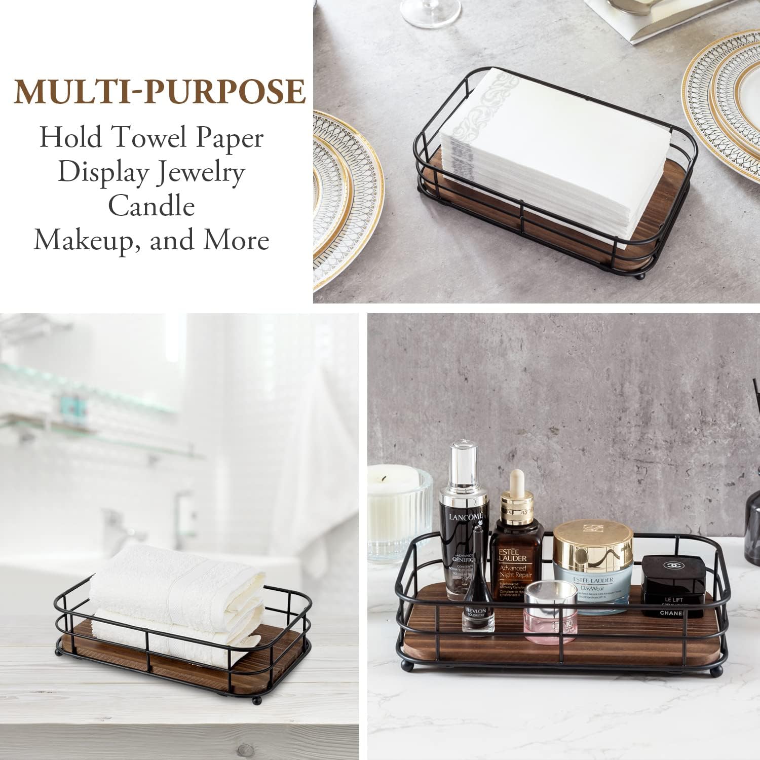 MyGift Bathroom Folded Paper Towel Holder, Matte Black Metal Wire and Rustic Dark Brown Solid Wood, Bath Accessories Vanity Tray