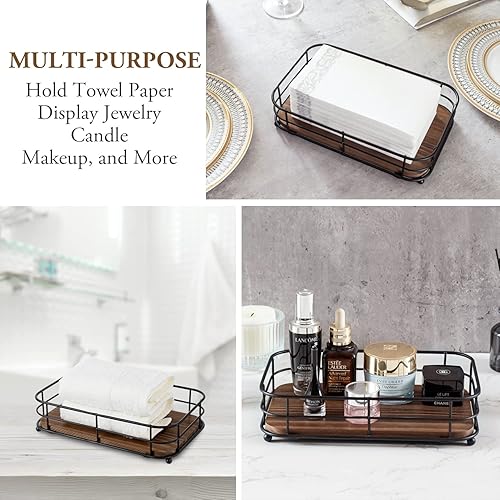 Miniatura 4 de MyGift Toallero de papel plegado para baño, alambre de metal negro mate y madera maciza rústica marrón oscuro, accesorios de baño, bandeja de tocador