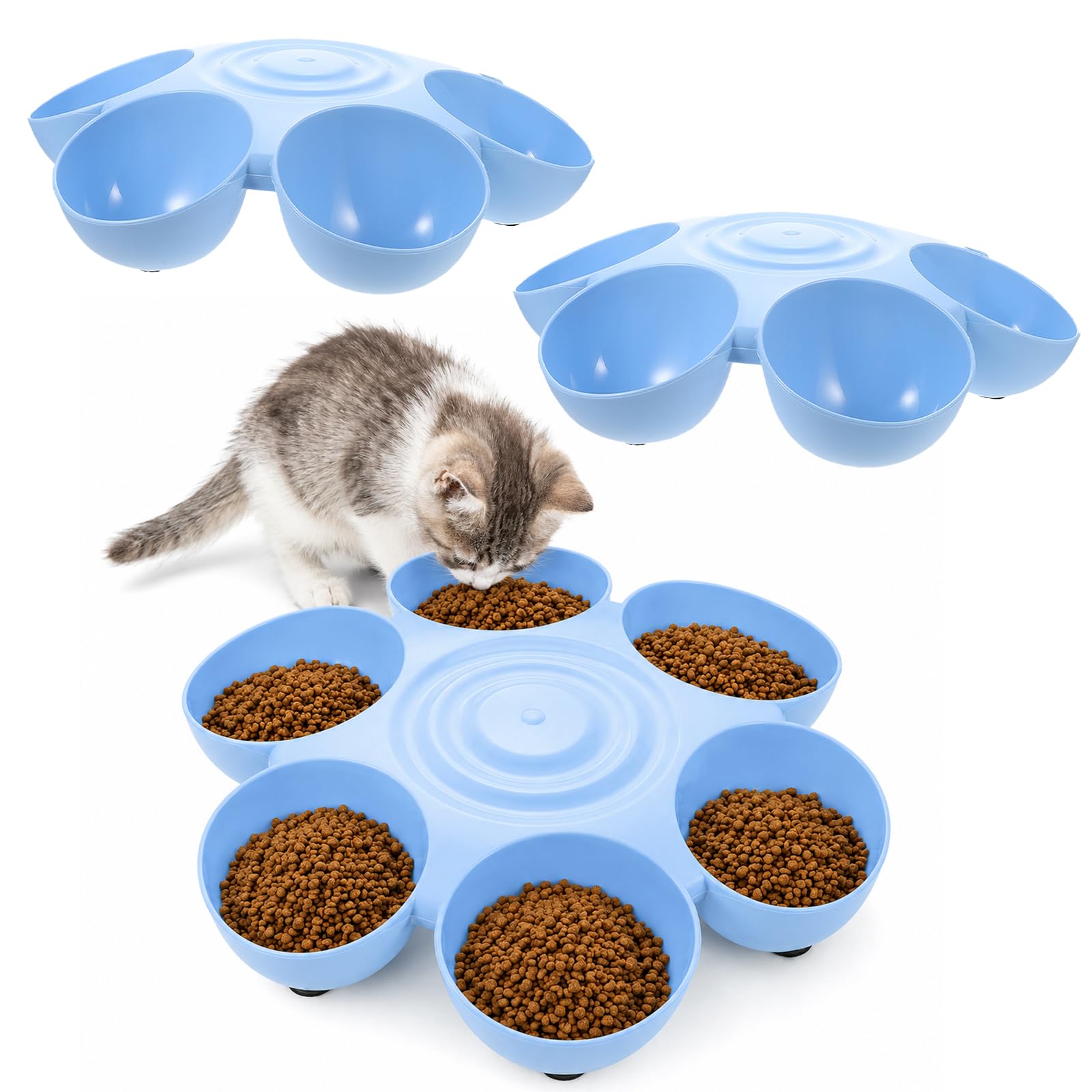 POPETPOP Six-Petal Pet Bowl 14.17In x 14.17In x 3.54In Grey Plastic – Food-and-Water Separation for Mess-Free Feeding – for Dogs, Cats, Puppies, Multi-Pet Households