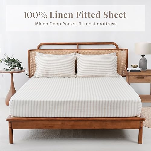 Miniatura 2 de S VICTORY SYMBOL 100% lino, 1 sábana bajera solamente, funda de colchón, 1 pieza de bolsillo profundo de 16 pulgadas, tamaño California King, 72 x