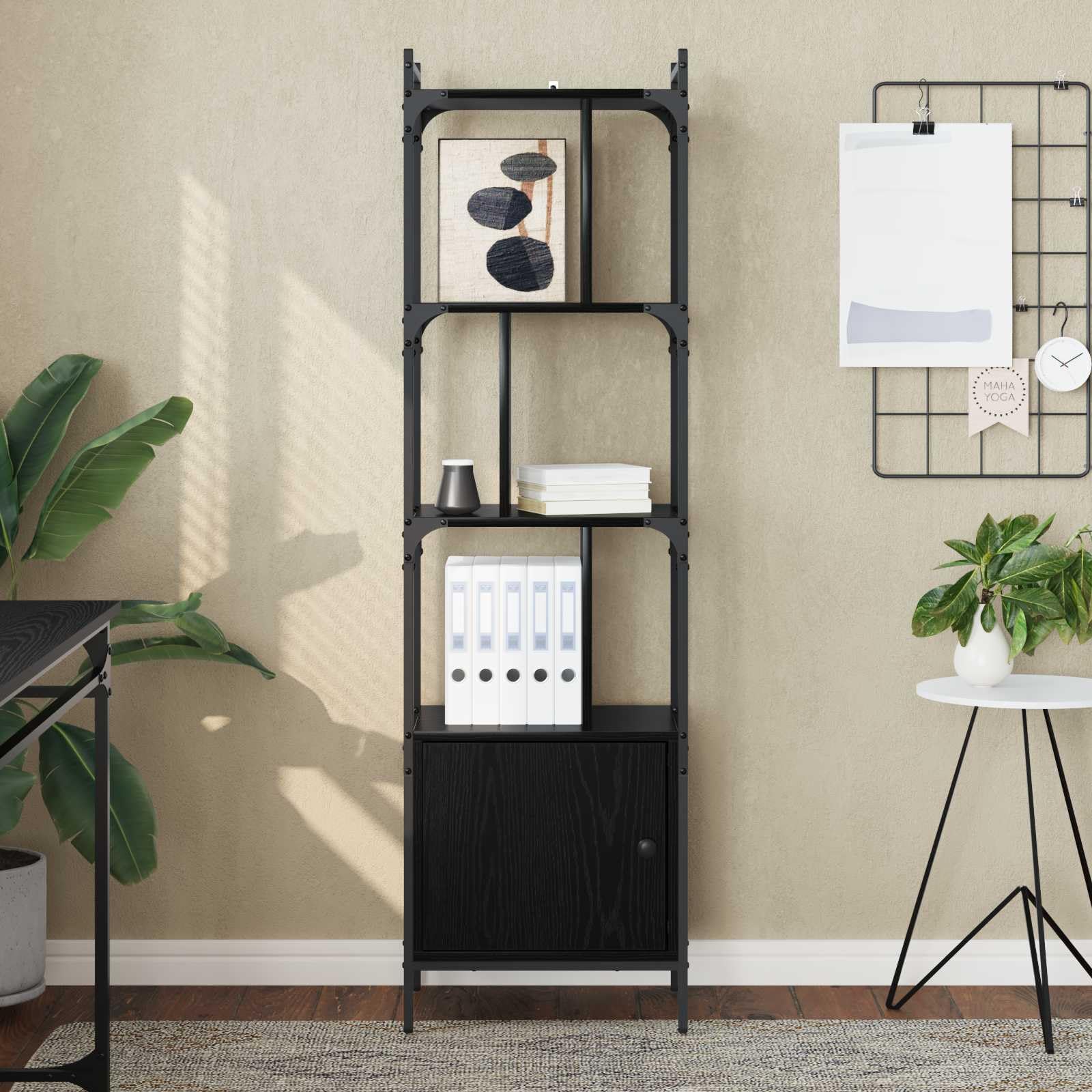 Libreria nera effetto rovere, 44,5 x 30 x 154,5 cm, con 6 ripiani aperti e porta, robusto materiale in legno, versatile, per soggiorno, studio, cameretta dei bambini