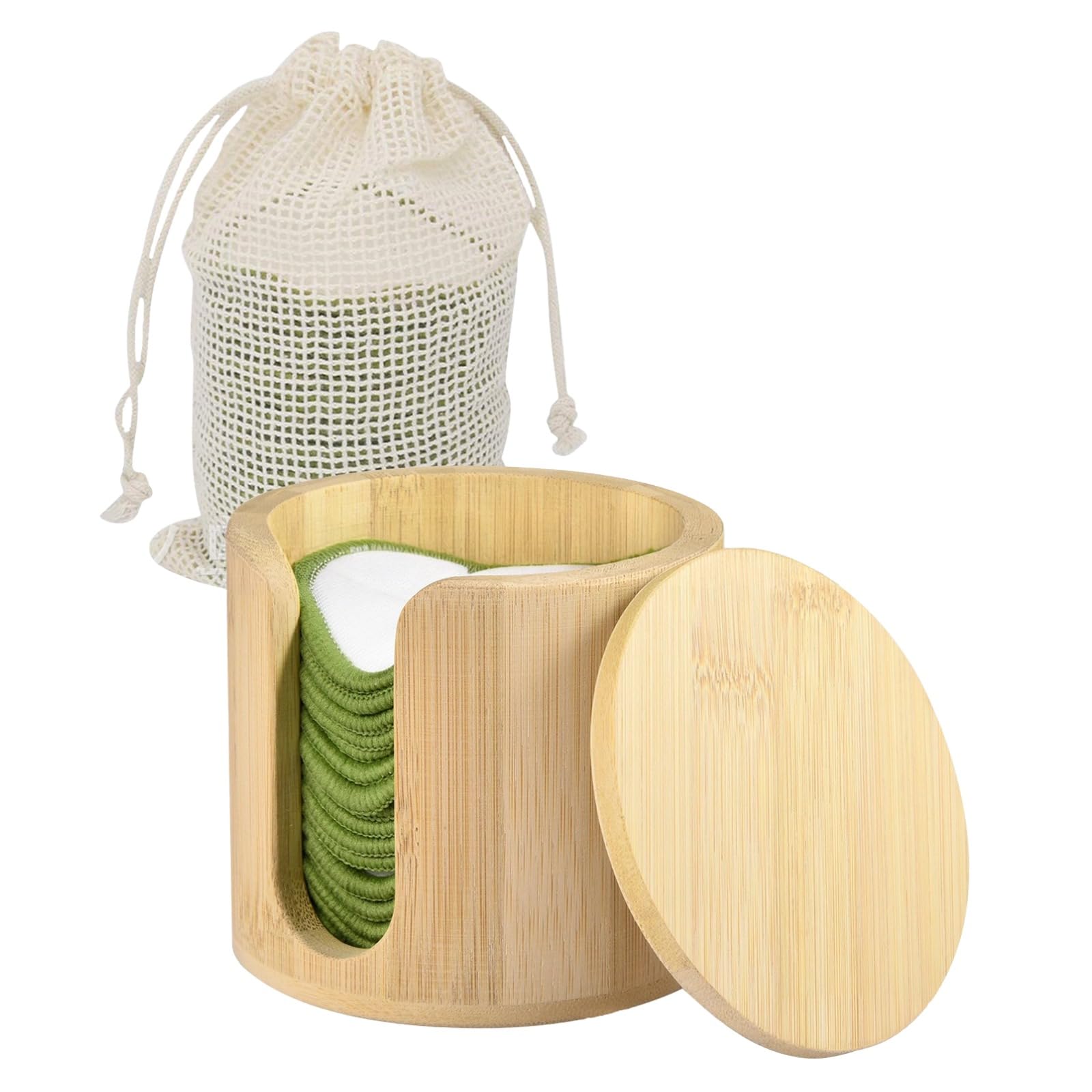 16 Stk. wiederverwendbare Make-up-Entfernungspads mit Holzbehälter und Papierbox, Gesichts-Pads aus Holzfaser mit grünen Rändern, waschbar mit Deckel, kompakt für Reisen und Aufbewahrung