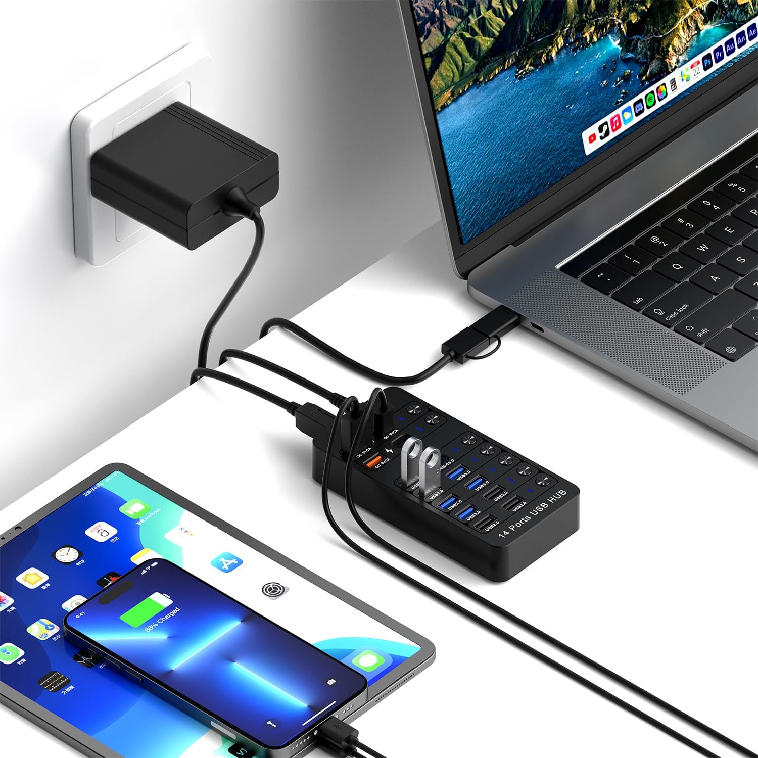 Powered USB Hub, Arector 14 Ports USB 3.0 Splitter Hub with 4 Smart Charging Ports, 10 USB A Ports, Individual On/Off Switches, 12V-24V Power Adapter, USB 3.0 5Gbps High Speed Transfer, USB