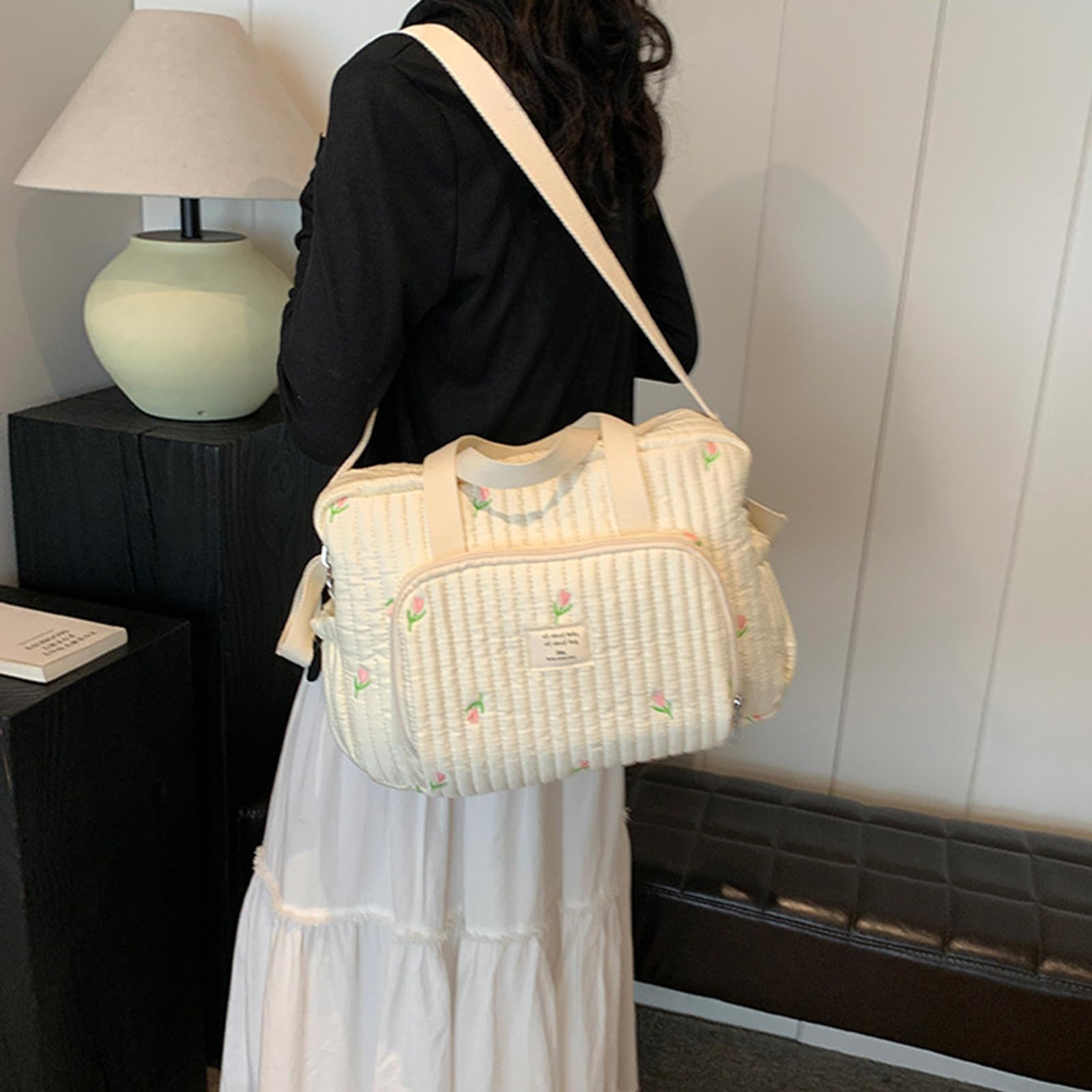 Bolsa de pañales multifuncional, bolsa de pañales, organizador, bolso de hombro portátil con bordado y mucho espacio para el pañal