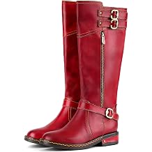 Superladystar Womens Artisan Crimson Tall Boots, Winter Warm Plush Lined Genuine Leather Style Long Boots, Bohemian Riding Boots with Side Zipper and Decorative Buckles & Red-Yellow Artisan Stitching