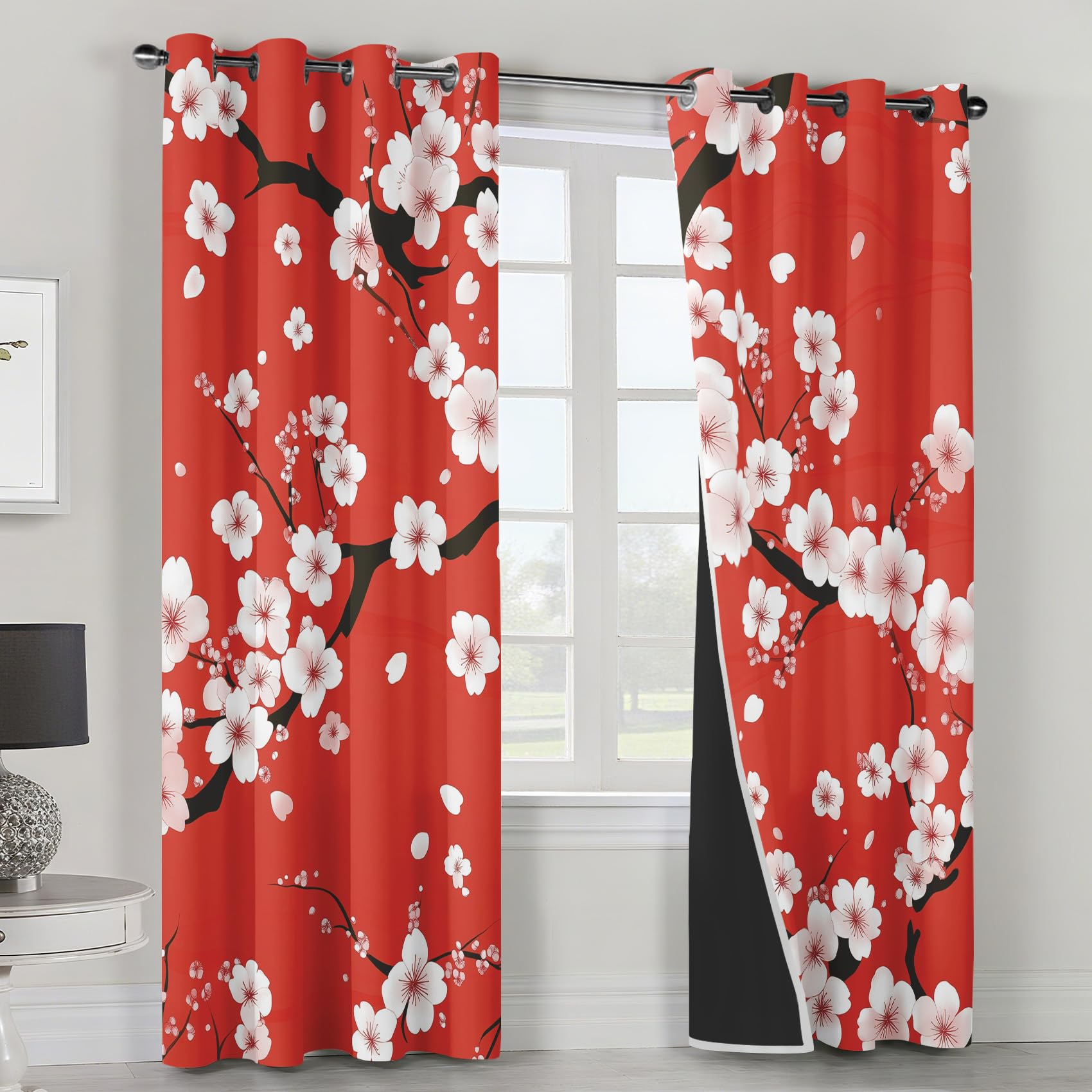 Generisch Kirschblüten Vorhänge Wohnzimmer, Vorhang Blickdicht Japanischer Stil Gardinen mit Ösen Schlafzimmer, Thermo Verdunklungsvorhänge 2er Set H240 x B140 cm pw&47