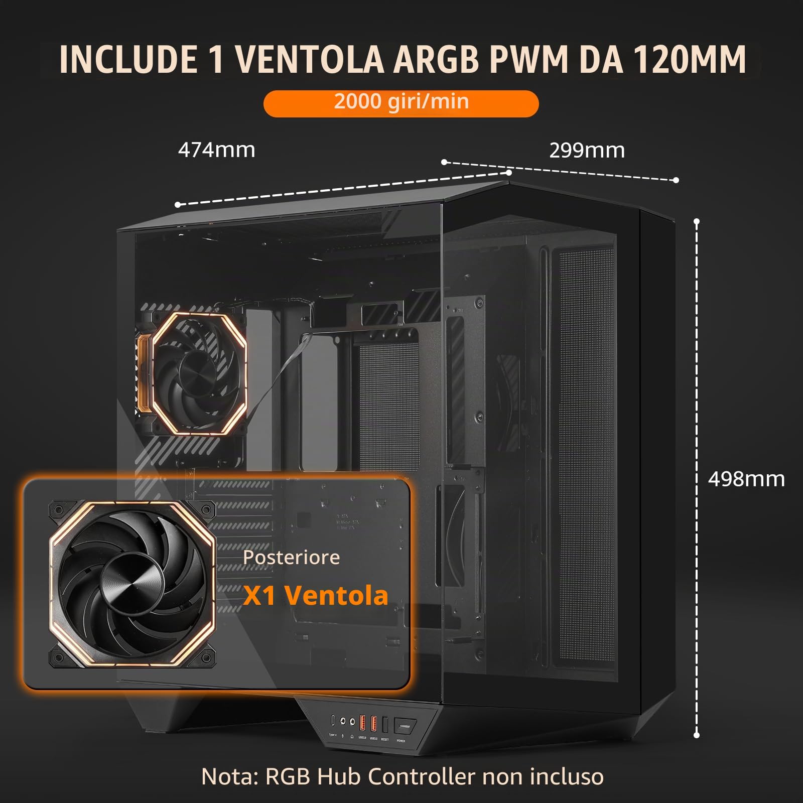 darkFlash Case PC ATX Full-tower Gaming, Scheda Madre con Connettore Posteriore, Doppia Camera, Vetro Panoramico, Fino a 2x360mm Rradiatori, Compatibile con RTX 40 (DY470) (1 Ventole PWM ARGB, Nero)