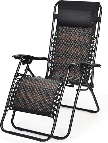 Miniatura 9 de Tangkula Sillón de ratán de gravedad cero, silla de salón plegable para exteriores con almohada extraíble para la cabeza, salón ajustable con
