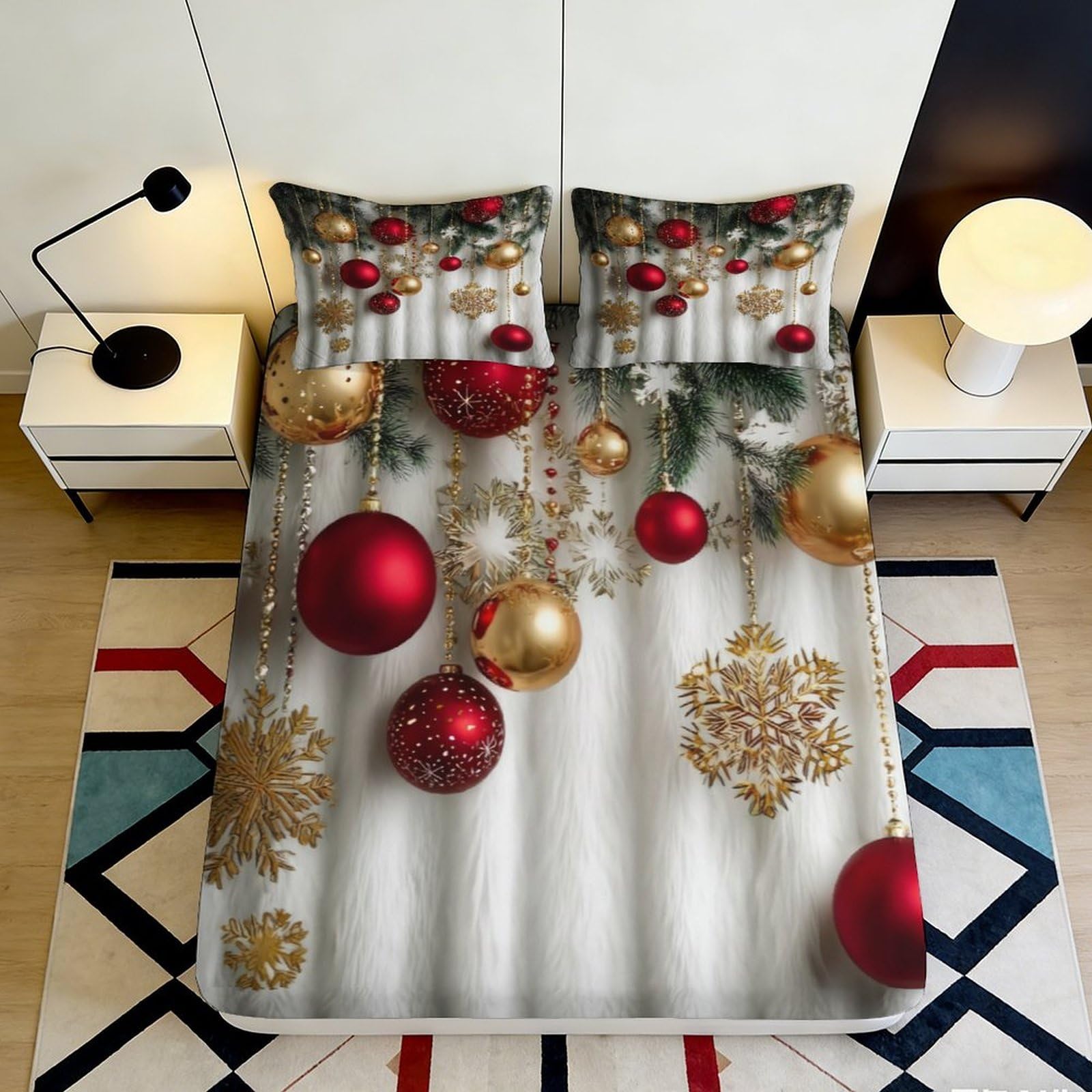 Pnayamiorkfel Style-9 3D Printed Christmas Ornament Fitted Sheet Microfiber Red Gold Snowflake Bed Cover For Bedroom Guest Room Decor 90X200x25cm