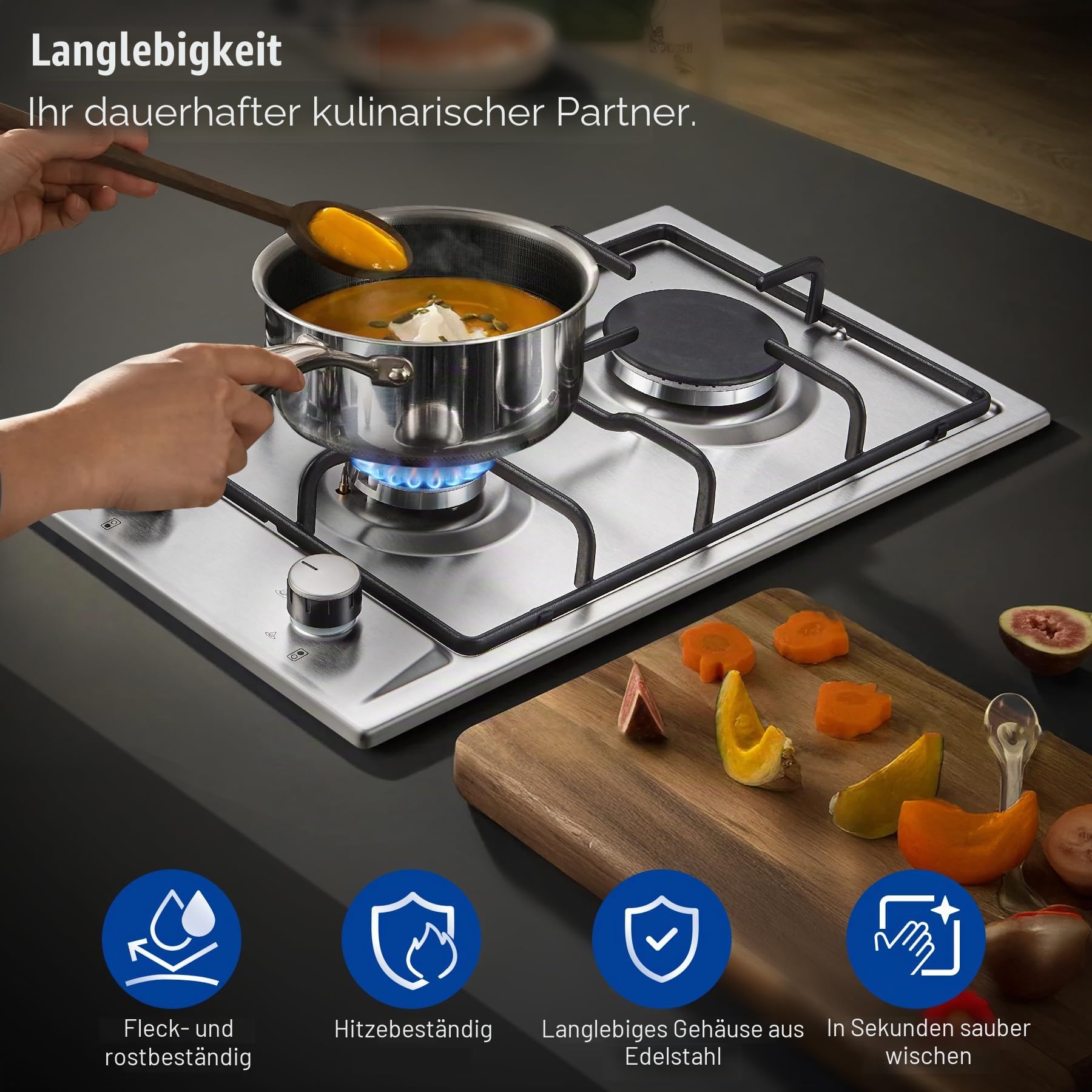 TopStrong Gaskochfeld 2 Flammig 30cm Edelstahl mit Automatischer Flammenschutz 4200W Erdgas Propangas