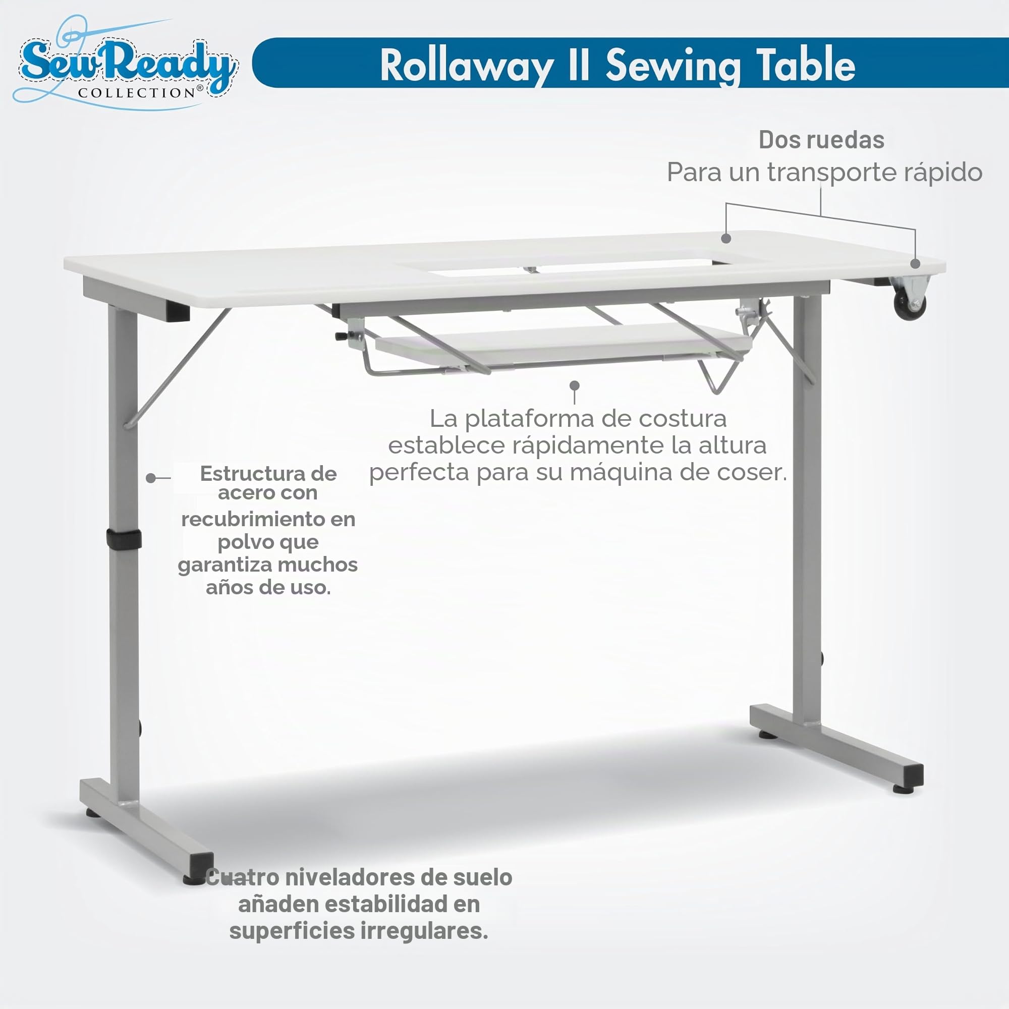 Sew Ready Rollaway II - Mesa de Costura Plegable, portátil, compacta, Color Plateado y Blanco