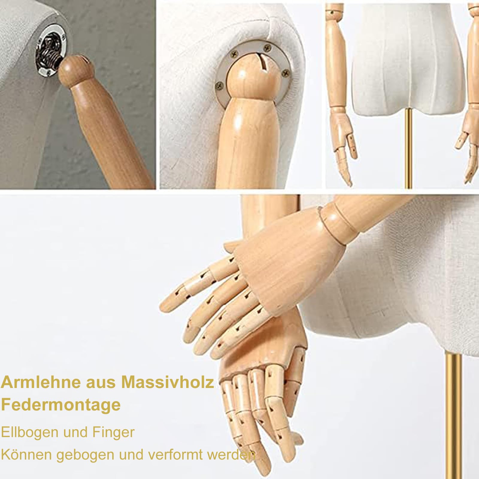 Schaufensterpuppe Weiblich Mannequin Torso，Schneiderpuppe mit hölzerne Hände，Mannequin Kleiderpuppe Torso mit Verstellbarer Höhe 140cm-200cm，abnehmbarem Kopf，Gold