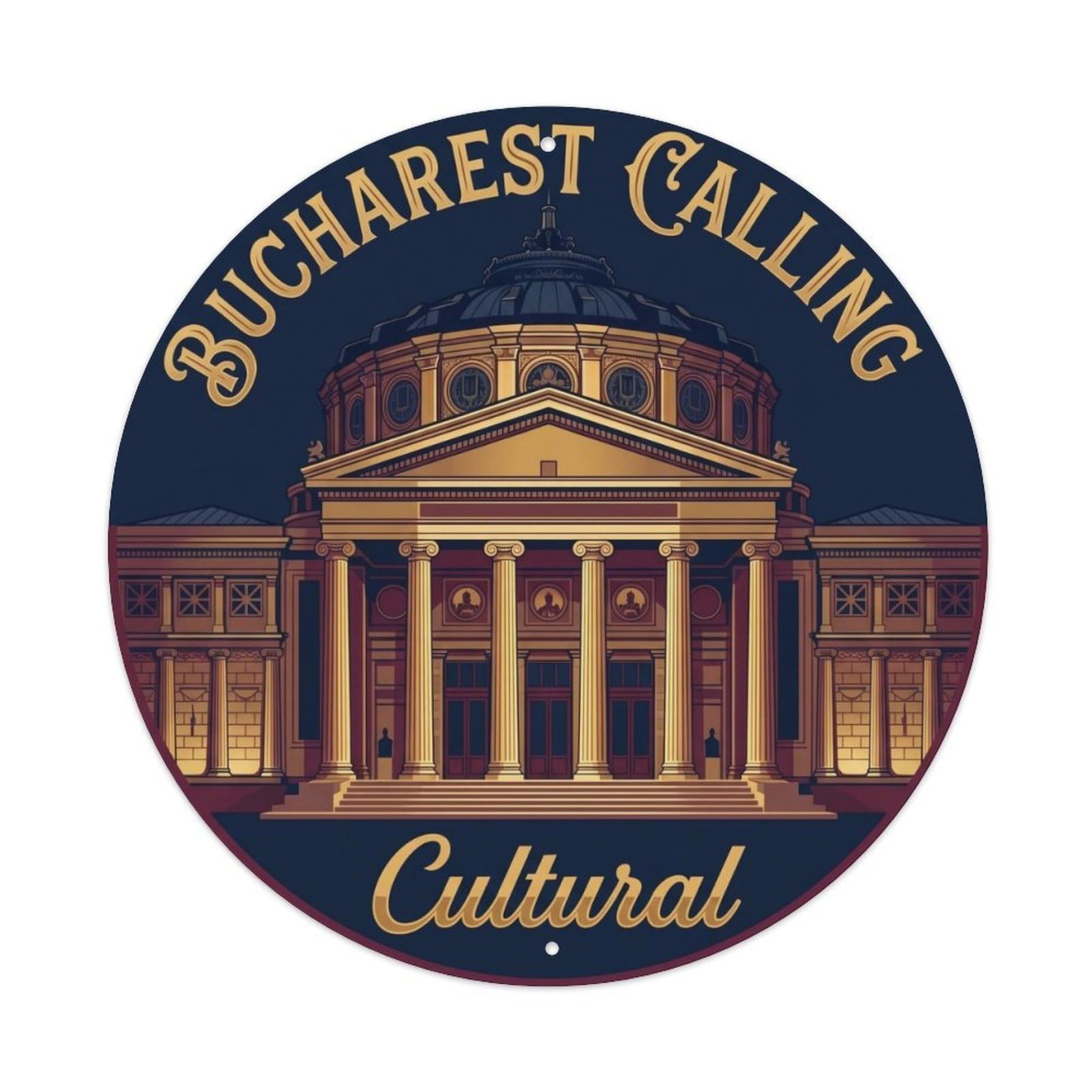 Romanian Landmark Cultural Expedition City Europe Classic Metal Tin Sign Plaque Wall Decor for Cafe, Man Cave, Club Bar, Office, Home Garden Round Metal Poster 8x8Inch