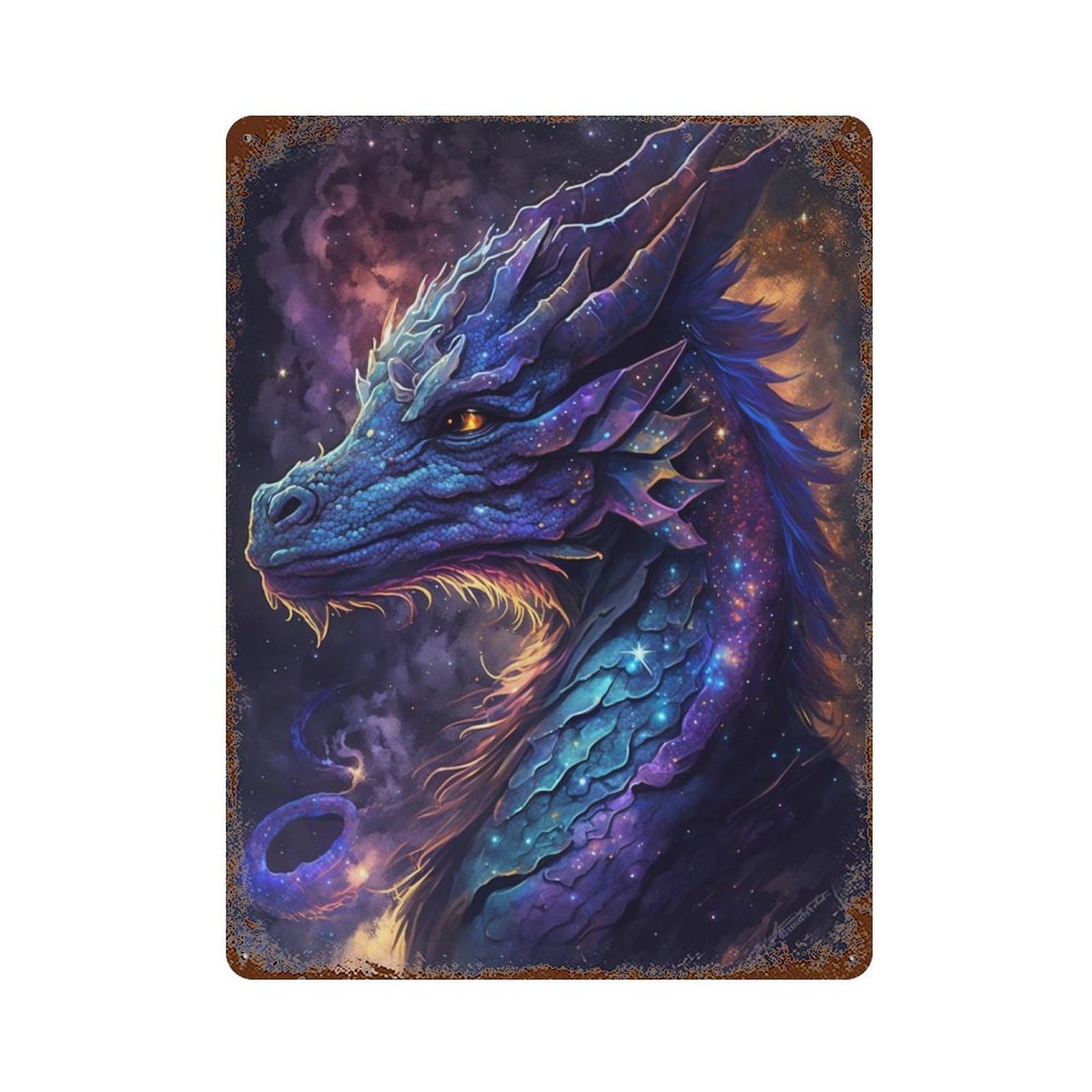 Weathered Tin Sign with Galactic Dragon Artwork-10 Design 15.7"x11.8", for Office, Studio And Wall Decor, Retro Wall Decor