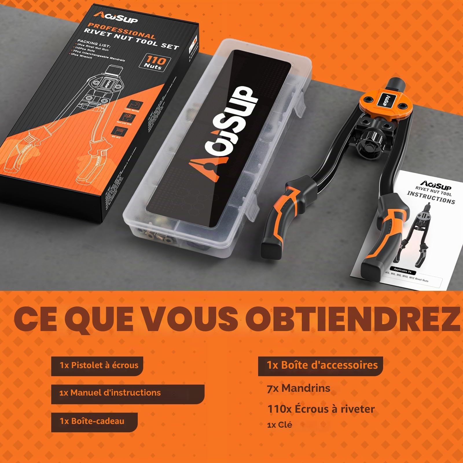 Pince à Écrou Fileté, Professionnels Pince a Insert Fileté, 14" Pince à Écrou à Riveter comprend 110 Écrous et 7 M3-M12 Mandrins Métriques, Ecrous Rivets avec Pistolet à Écrous à Double Poignée