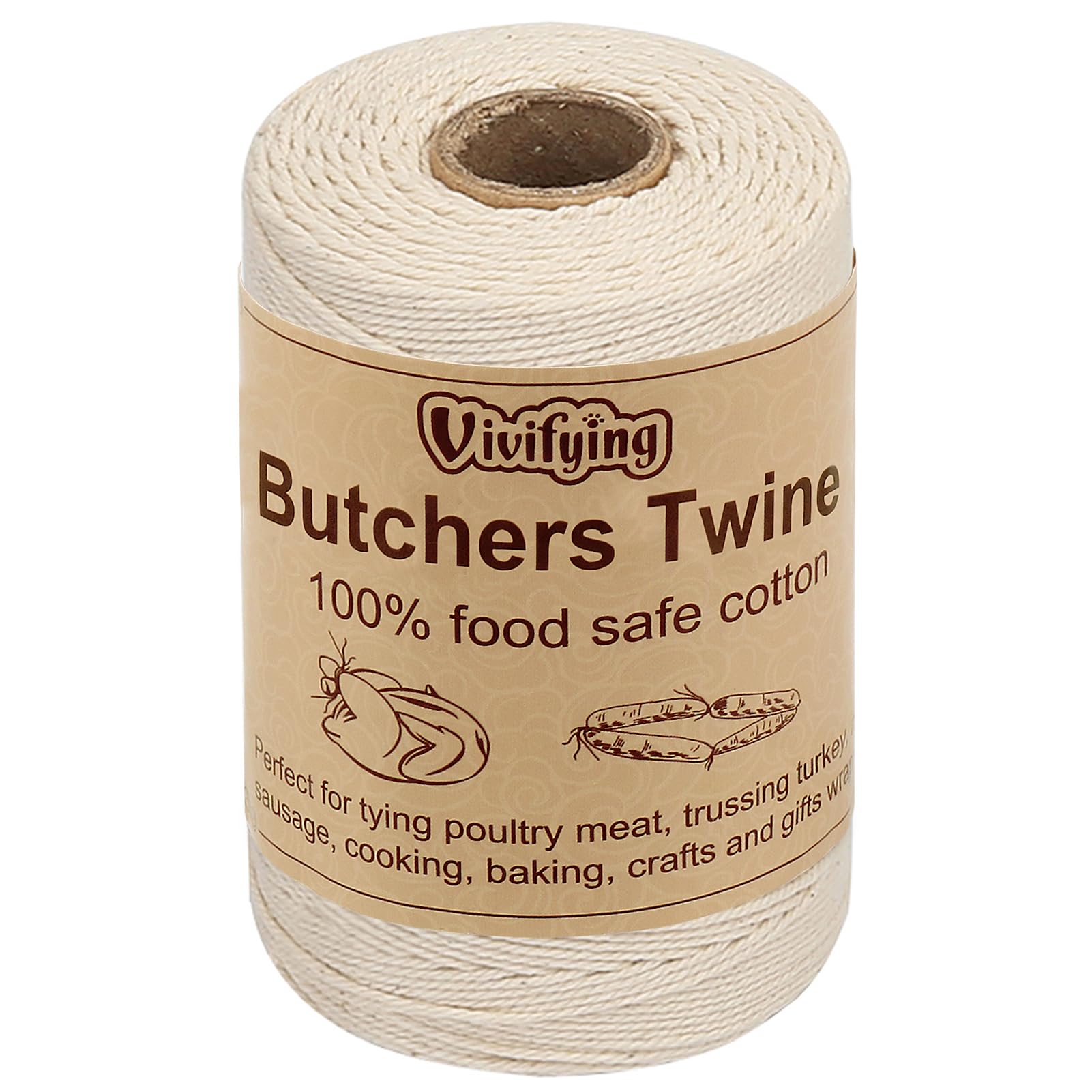 Vivifying Beige Butchers Twine, 656 Feet 3Ply Food Safe Cotton Bakers Twine String For Tying Meat, Making Sausage, Trussing Turkey, Roasting, Cooking And Packing(Beige)