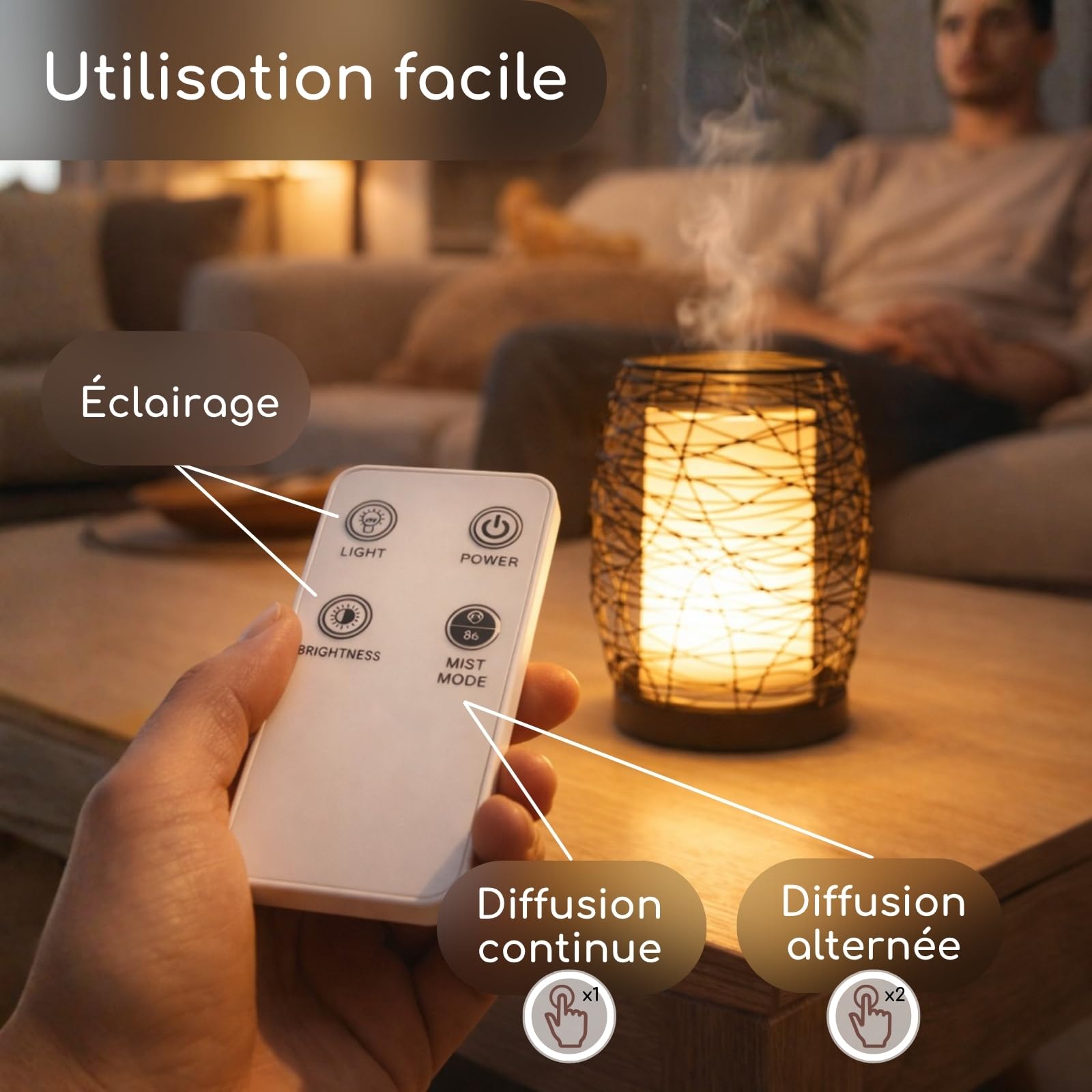 Zen’Arôme Diffuseur d’Huile Essentielle Volupsia – Diffuseur Ultrasonique Aromathérapie à Froid - Diffuseur Électrique Parfum Maison avec Télécommande - Éclairage LED Effet Bougie – en Métal et Verre