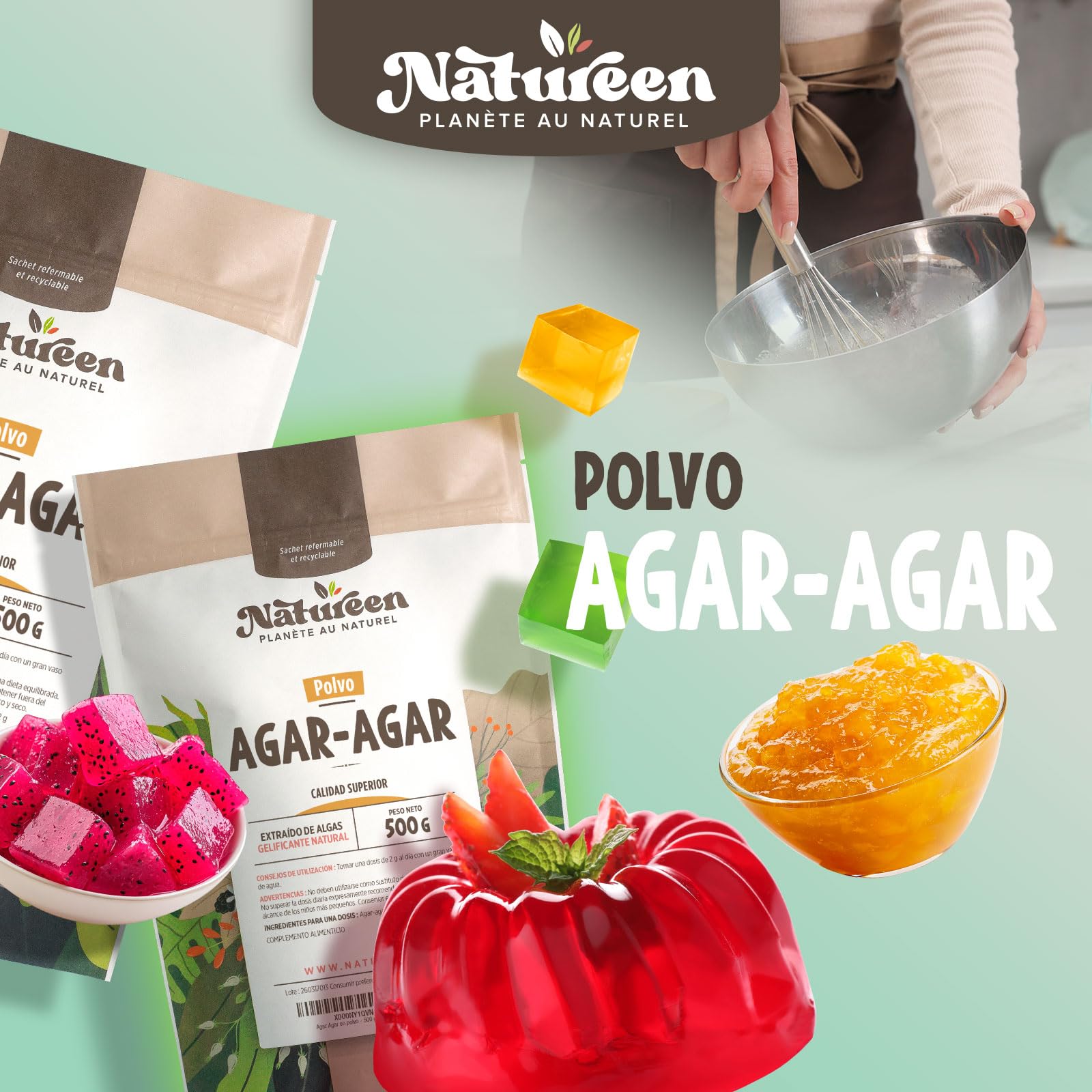 Agar-agar en polvo 250 g - Natureen - Producto natural - para cocinar, sustituto vegano de la gelatina