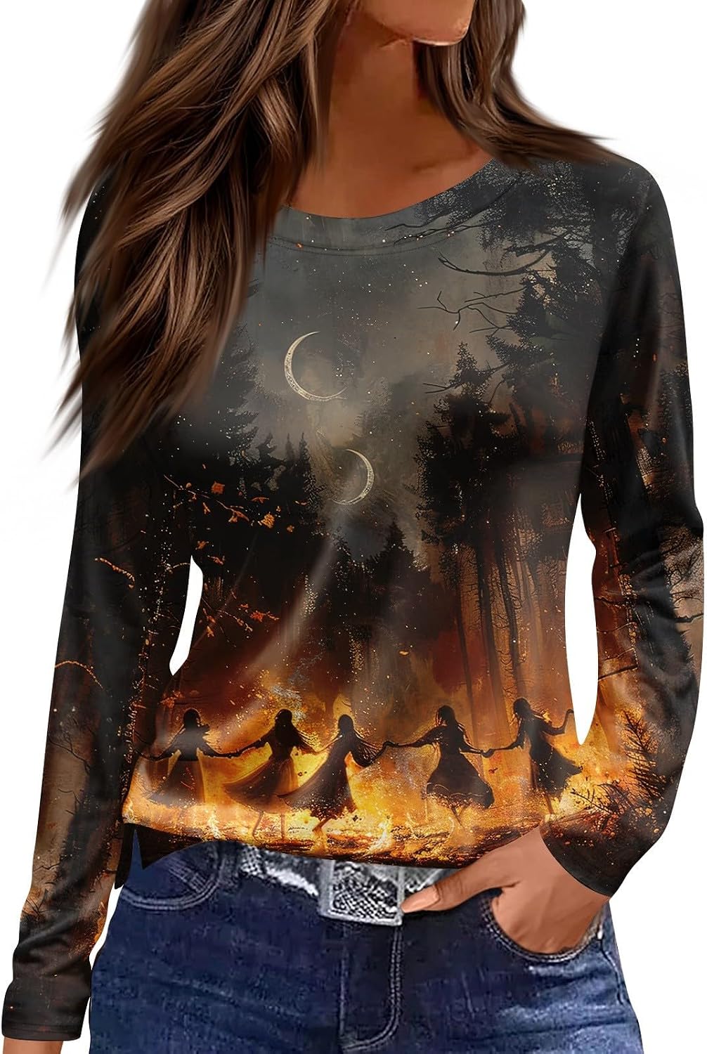 Women's Halloween Fall Long Sleeve Crewneck Graphic T Shirts | Plus Size Womens Tops, Boho Shirts for Women, Blouses Women, Womens Halloween Apparel, Camisetas Para Mujer