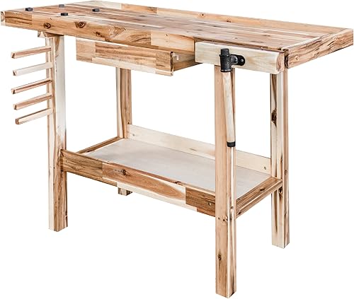 Olympia Tools 48-Inch Acacia Hardwood Workbench with Drawer - 330lbs Weight Capacity Heavy Duty Portable Wood Work Bench Table for Garage, Workshop,