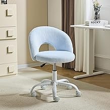 Bonnlo Chaise de Bureau Esthétique sans Accoudoirs, Petite Chaise Confortable, Fauteuil de Coiffeuse avec Support Lombaire, Chaise Pivotante pour Bureau, Chambre, en Fourrure de Lapin, Bleu Clair