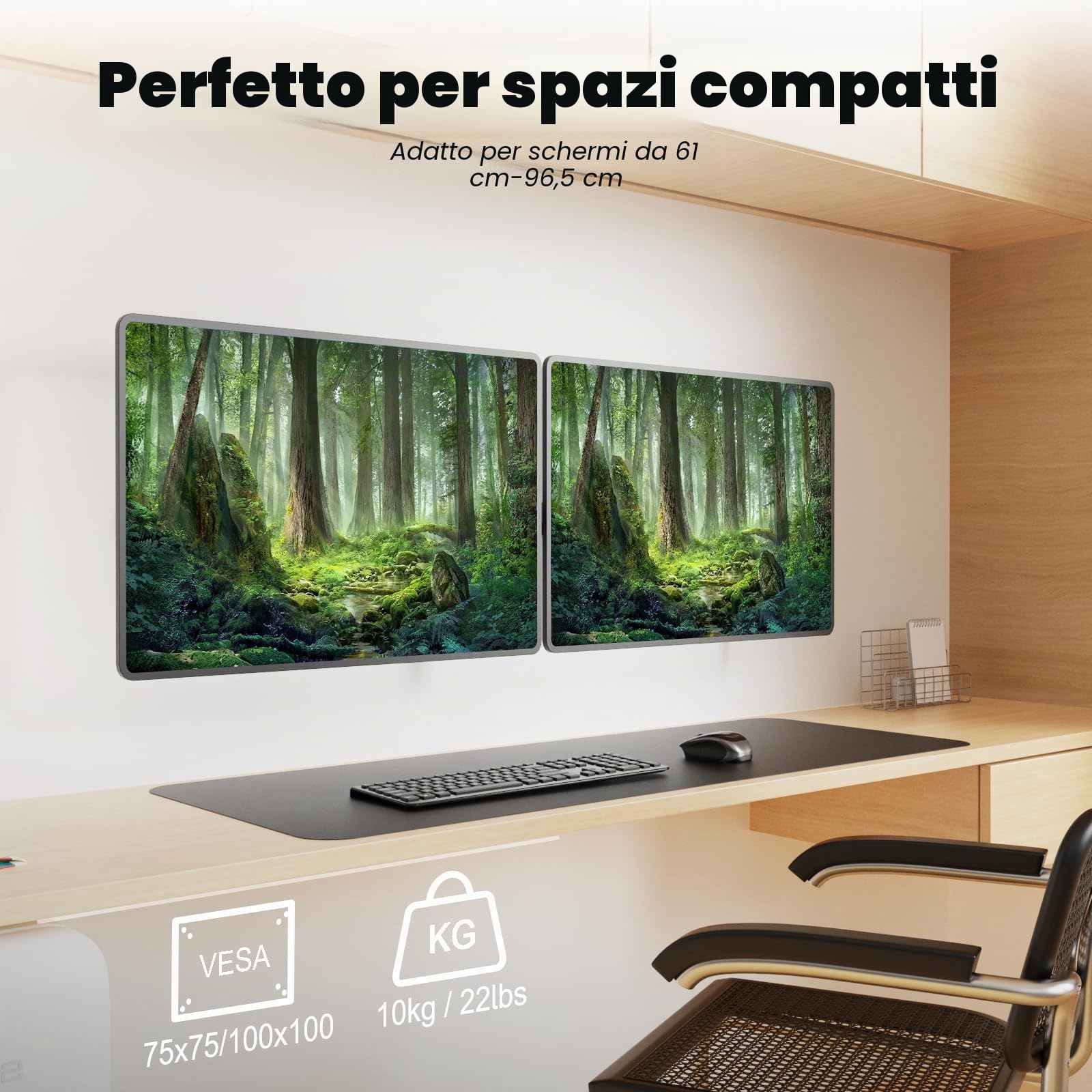 PUTORSEN Supporto da parete ultra ampio da 24 a 38 pollici, supporto da parete per monitor full motion a doppia parete per monitor fino a 10 kg, VESA 75/100 mm, nero