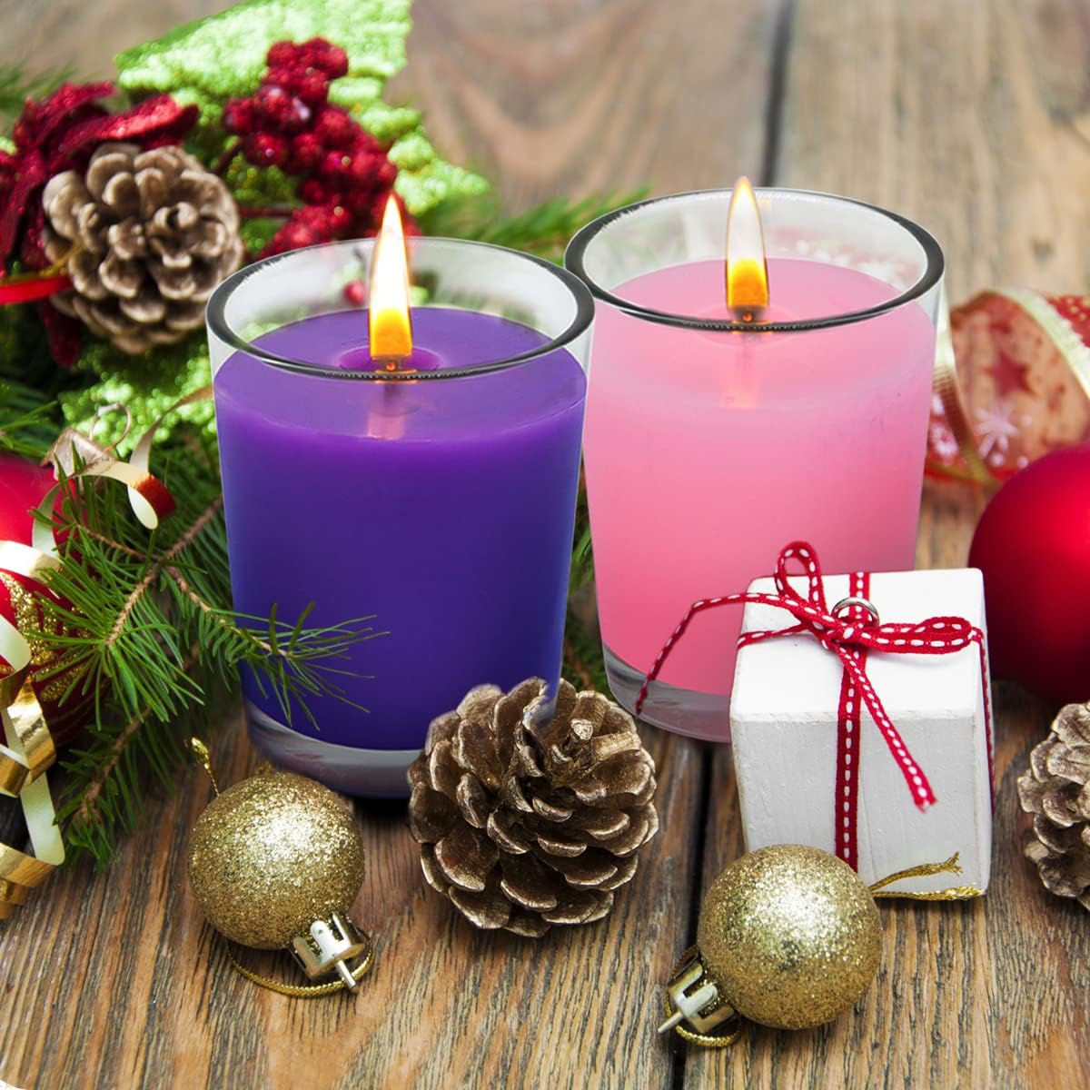 12 Packs Advent Candles with Clear Glass Holder, 9 Purple and 3 Pink Votive Candles, Unscented Seasonal Celebration Candles for Christmas Table Decoration, 1.8oz, KFUS-12VOT-ZIFEN