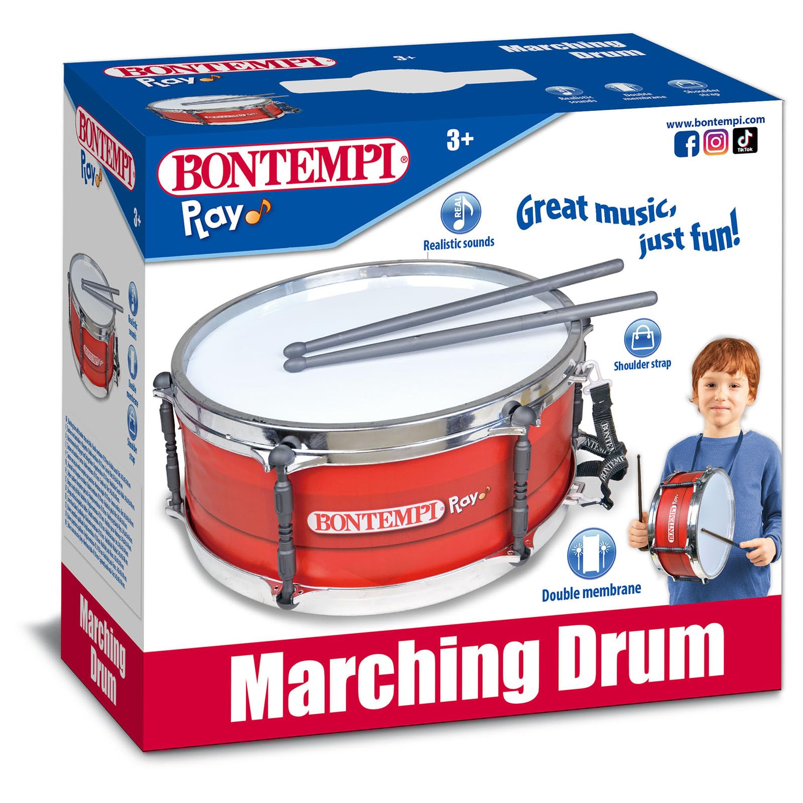 Bontempi | BeatMaster - Tamburo con Doppia Membrana, Tracolla e Bacchette di 25cm per un'Esperienza Ritmica Completa, Rosso, 34,4x31,9x15,4 cm