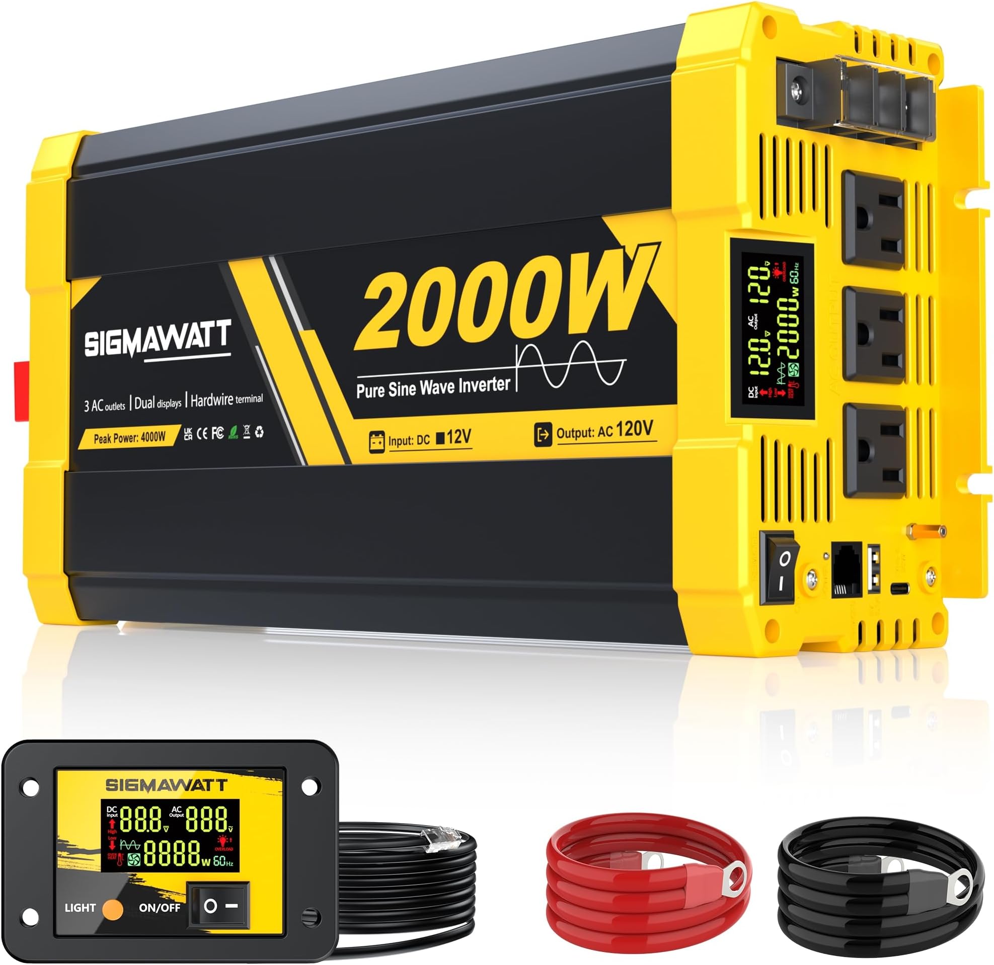 2000W Pure Sine Wave Inverter,12V DC to 120V AC–Powers RV,Truck&Home Backup,Mobile Air Conditioner, Electric Kettle, Microwave with Led Display and Remote Monitoring