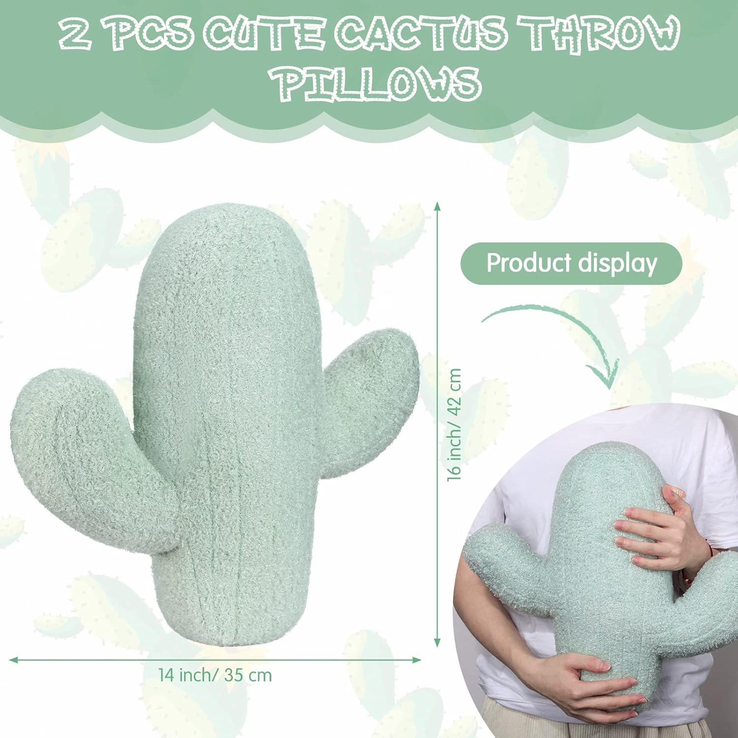 Namalu Throw Pillow 16 Inches Cactus Shape Pillow 3D Cushion Aesthetic Pads for Nursery Bedroom Sofa Room（2 Pcs）