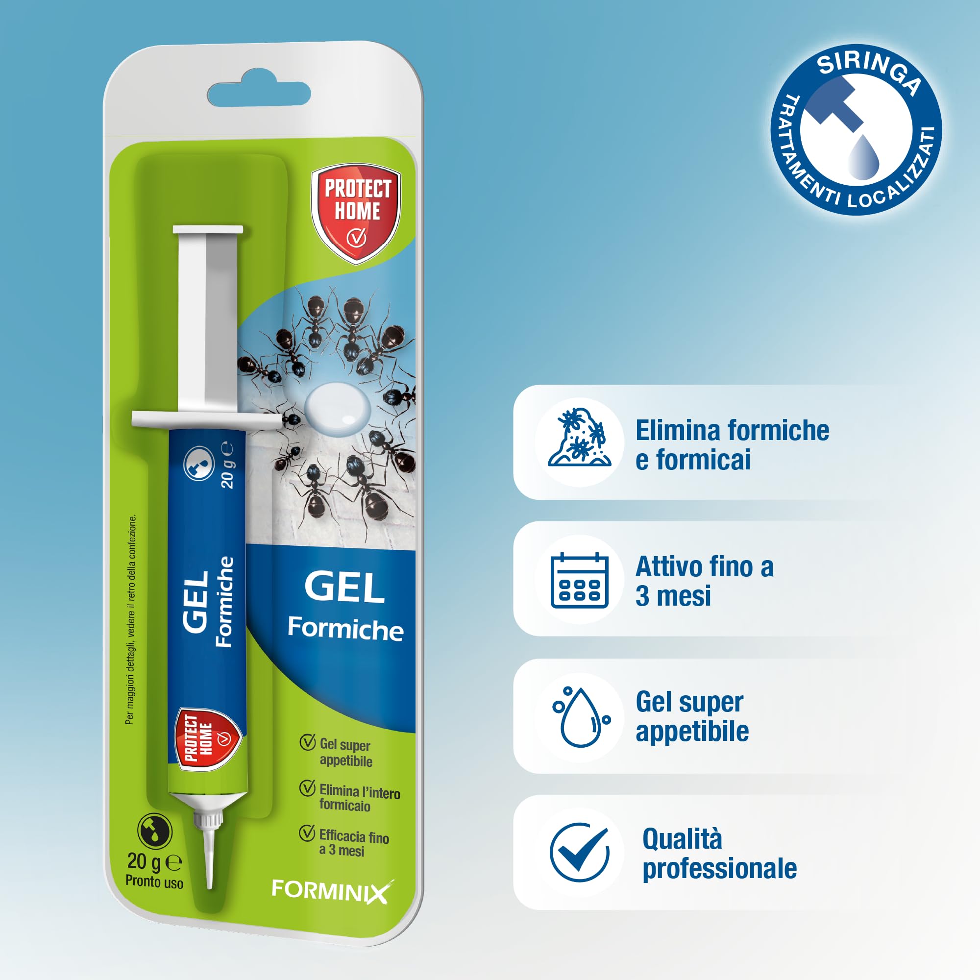 Protect Home Forminix gel. Insetticida per formiche pronto uso. Efficace, elimina il nido in breve tempo. Per interni ed esterni. 20 g - 4