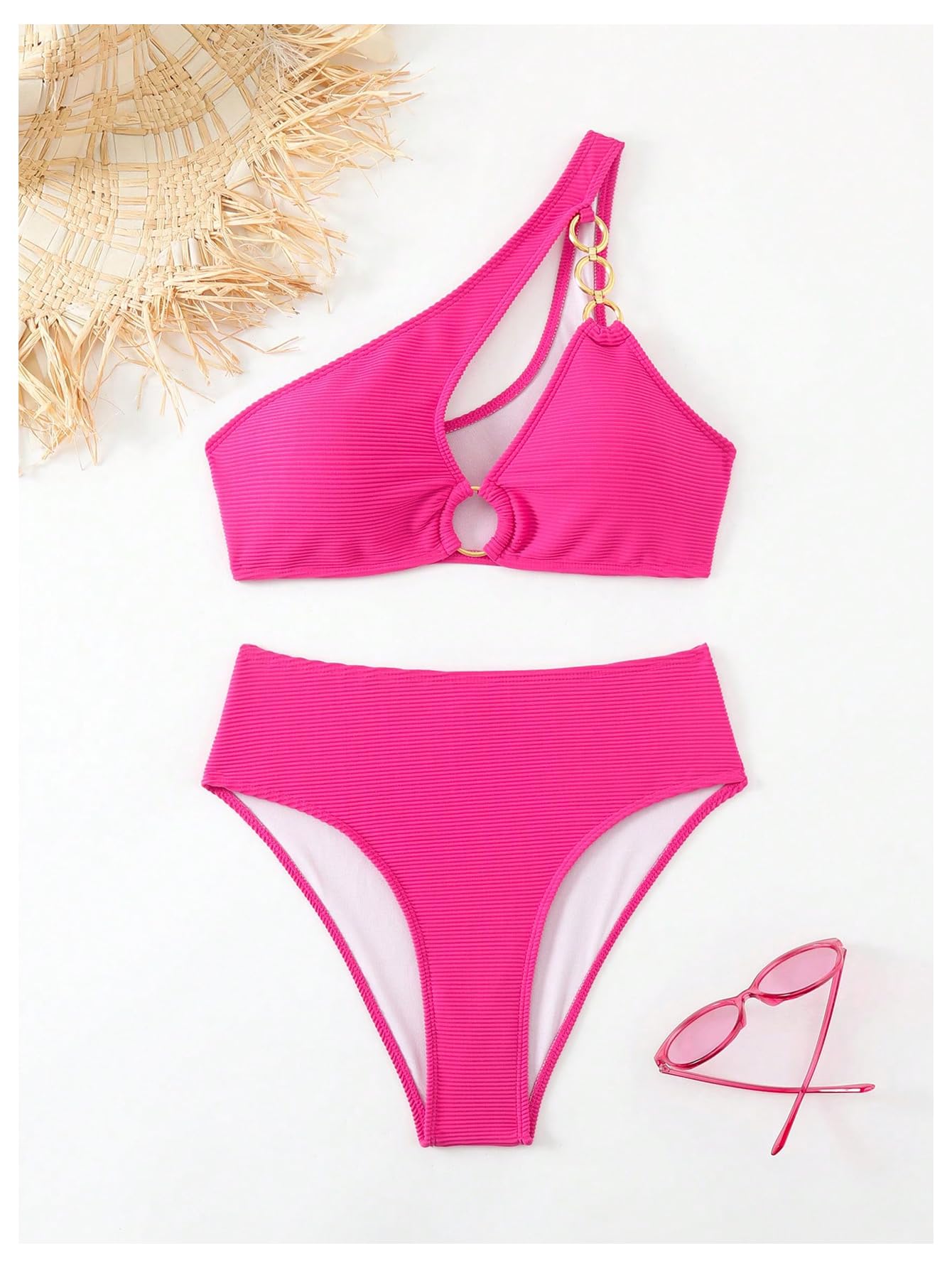 Women's High Waisted Bikini Set One Shoulder 2 Piece Bathing Suit Ring Linked Swimsuits