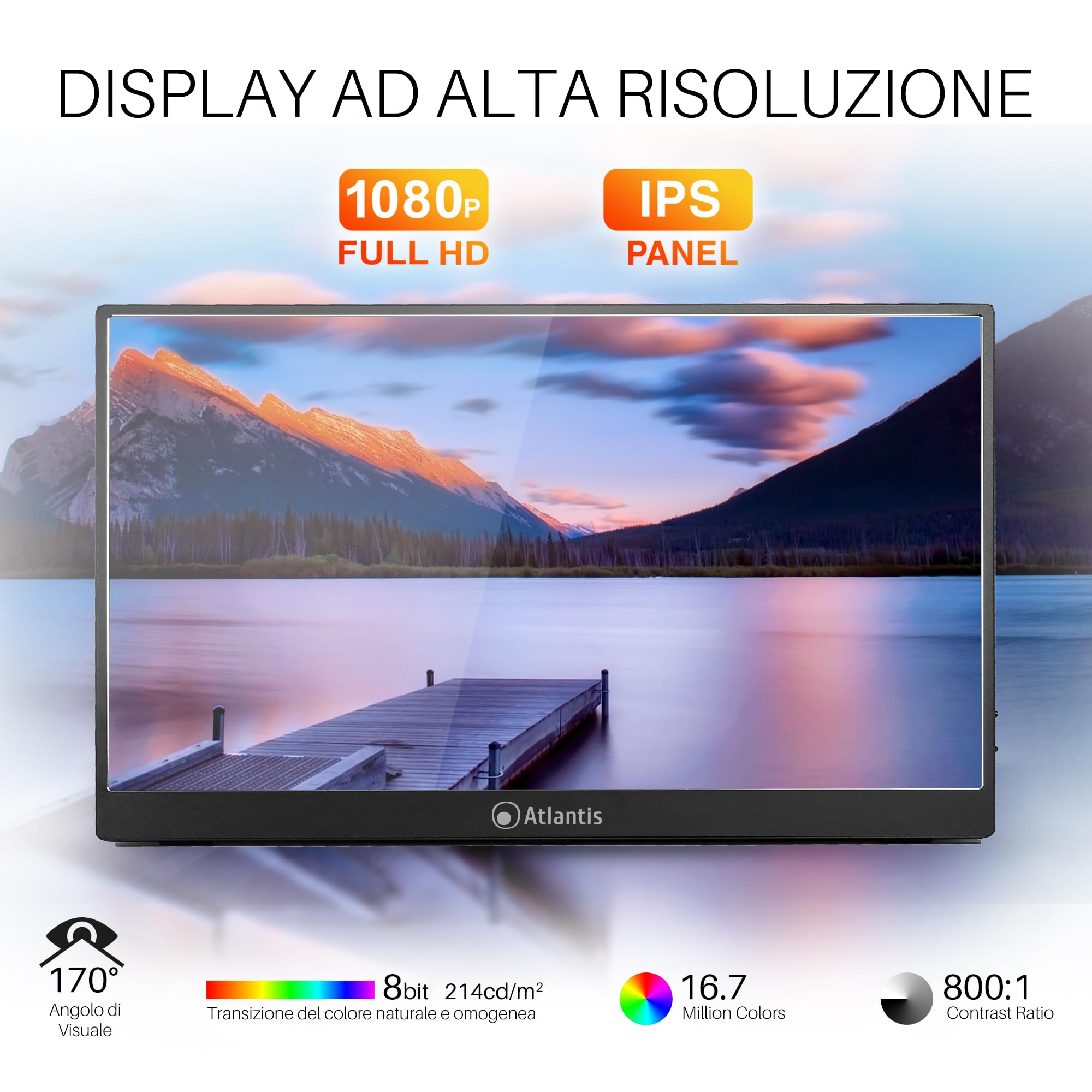 Atlantis Monitor Portatile 16 Pollici, 1080P Full HD 1920x1080, HDMI/Type_C, Speaker 2x1W, Smart Cover, display IPS, per Notebook/Lapto/Console/Switch/Angolo 170/170, Cavo HDMI 1,5m/Type_C, peso< 1Kg.