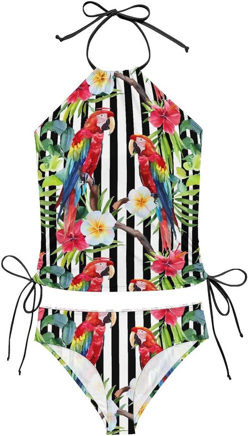 Macaw Parrot Flowers Novelty Women's Swimwear Set 2 Pcs Tankini String Swimsuits Bathing Suits
