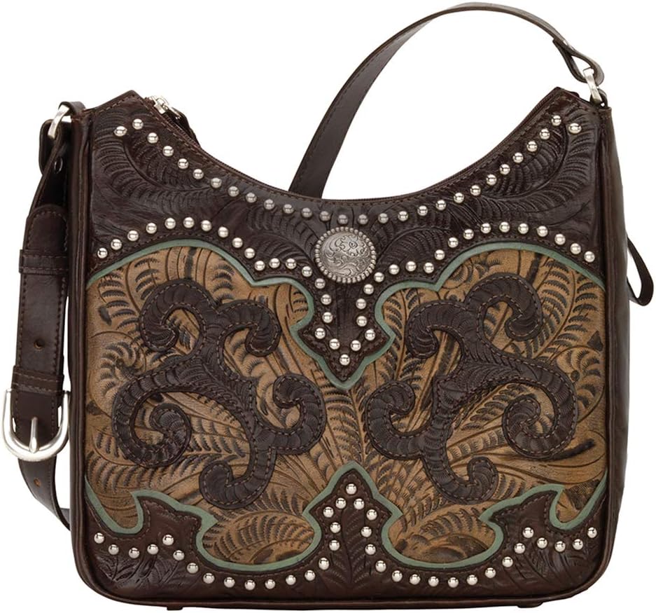 American West Hand Tooled Handcrafted 100% Leather Shoulder Bag Concealed Carry Pocket on Back Purse for Women Western